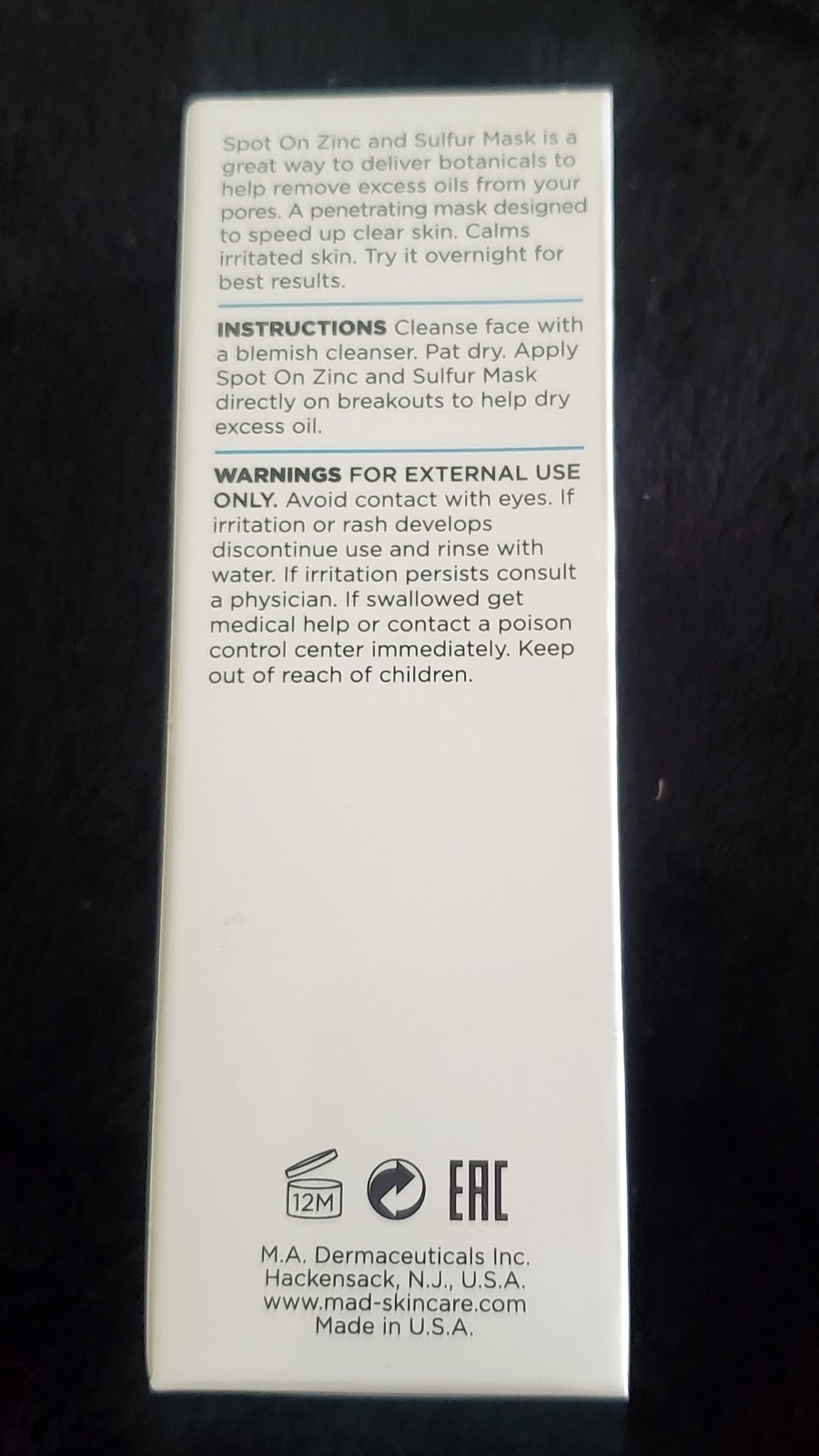 M.A.D Skincare Spot On Zinc And Sulfur Mask – For Acne Prone Skin 2 oz.