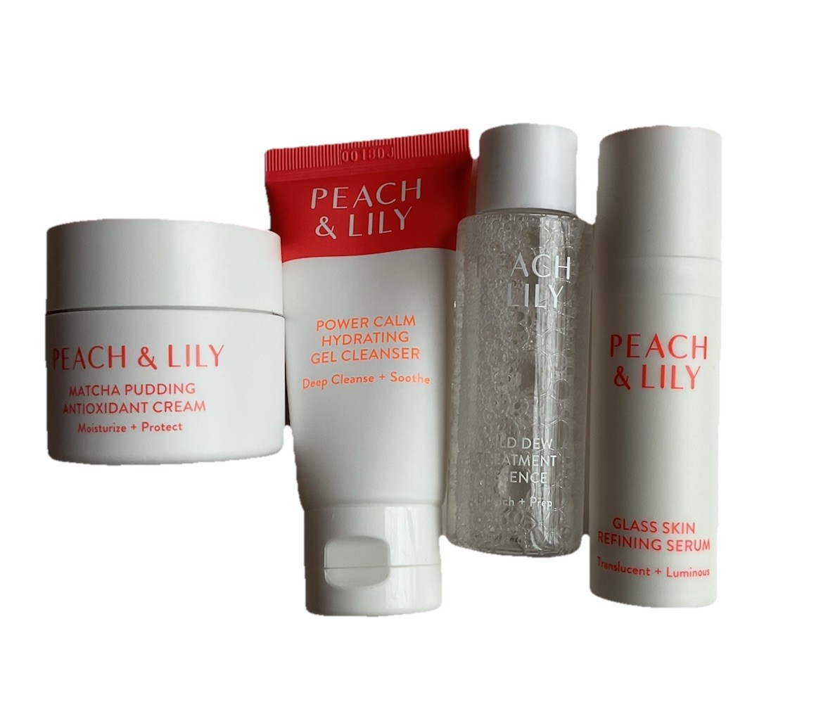 Peach&Lily Gel Cleanser, Glass Skin Defining Serum, Wild Dew Treatment, Cream