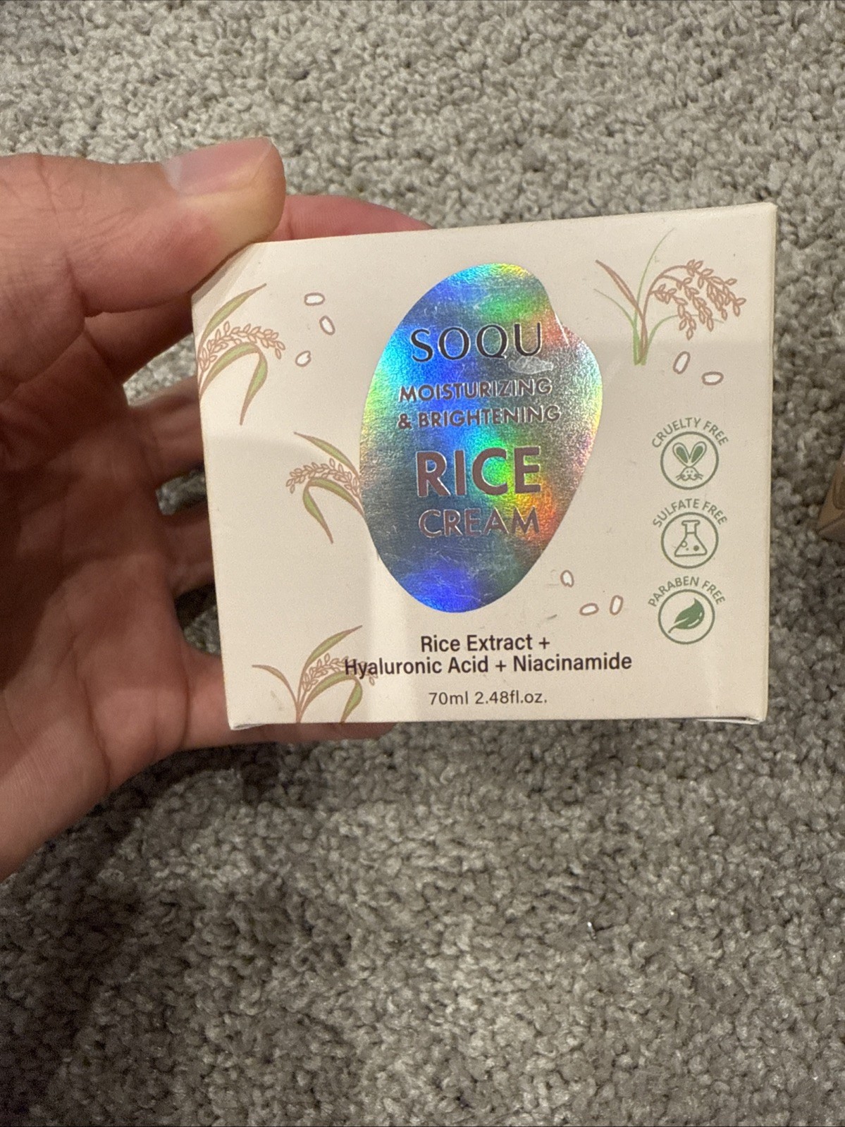SOQU Moisturize Brighten RICE Extract Cream Hyaluronic Acid Niacinamide 2.48 oz