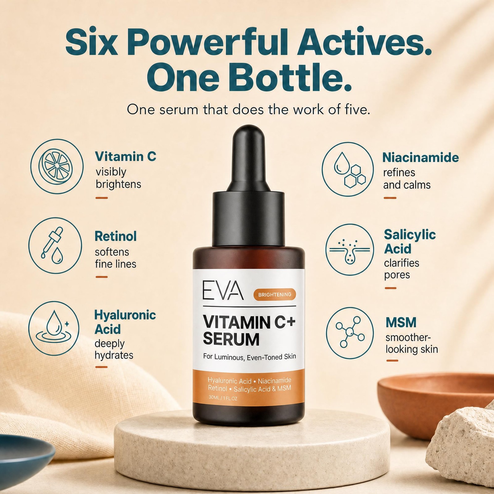 Eva Naturals Vitamin C Serum for Face – Anti Aging 1 Fl Oz (Pack of 1), White