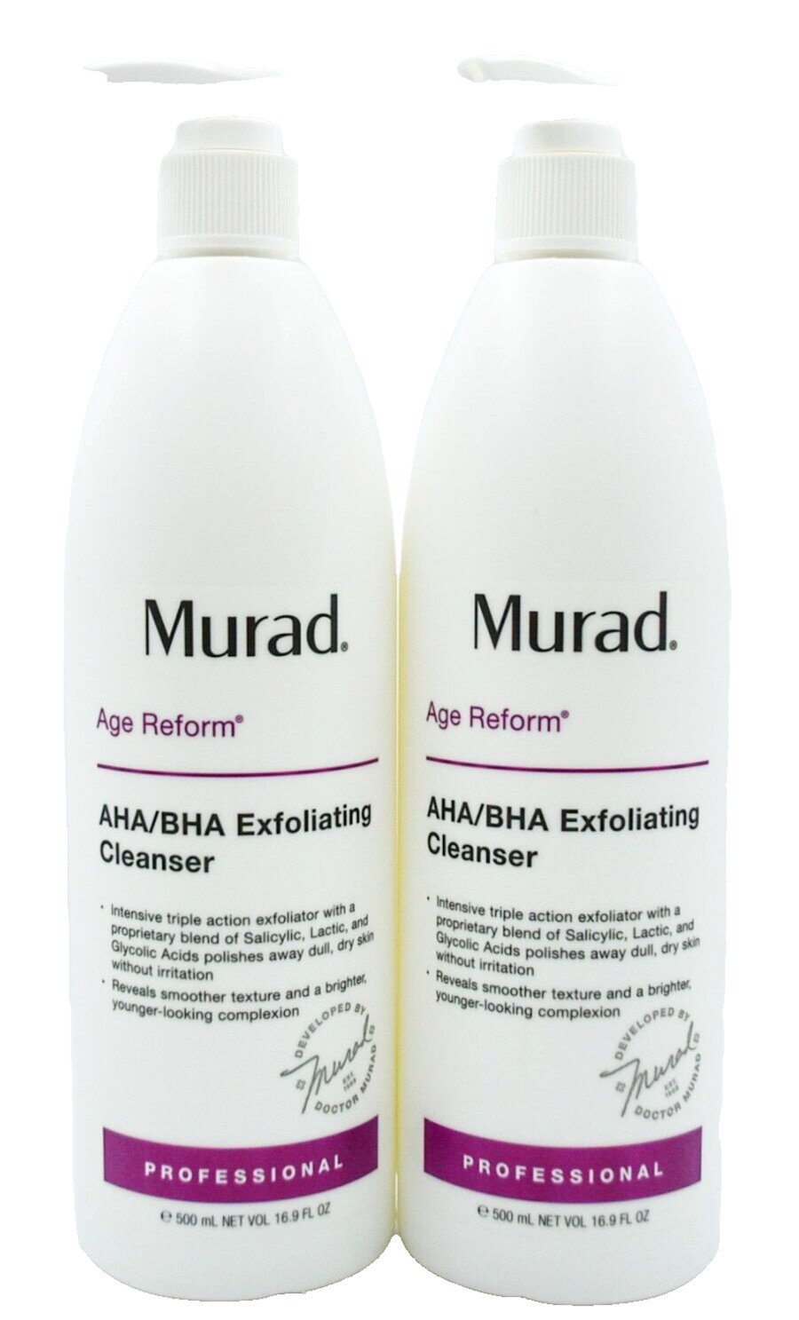 Murad AHA BHA Exfoliating Cleanser Pro Size 16.9 fl oz/ 500 ml (2 Pack) *No Box*
