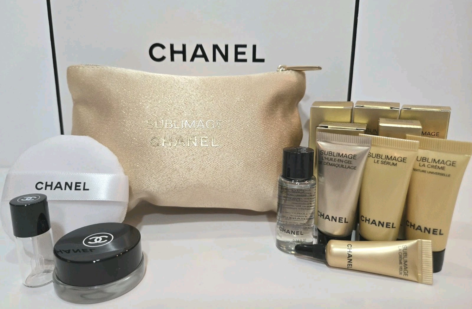 CHANEL SUBLIMAGE 9 Pieces Bundle with SUBLIMAGE Pouch,Chanel Jars & Puff,New