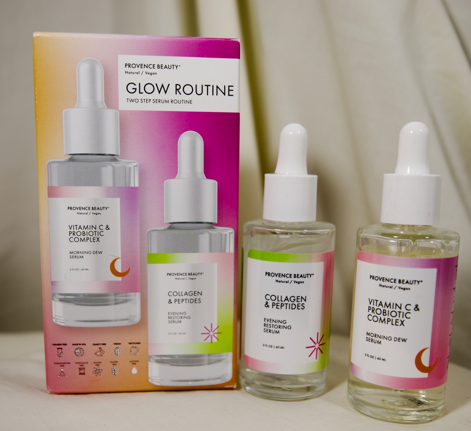 2pc. Face Serum Glass Bottle 2oz each, Day & Night, Vitamin-C, Collagen, Peptide