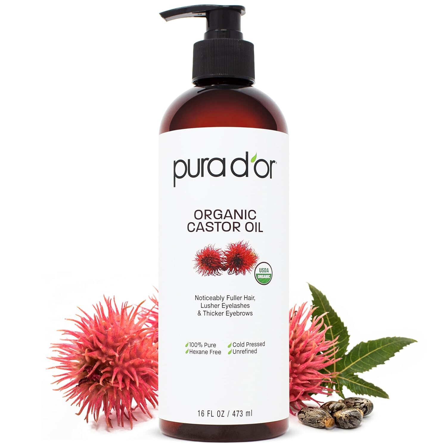 PURA D’OR Dor Castor Oil 100% Organic 16oz for Skin & Hair, Eyebrow & Eyelashes