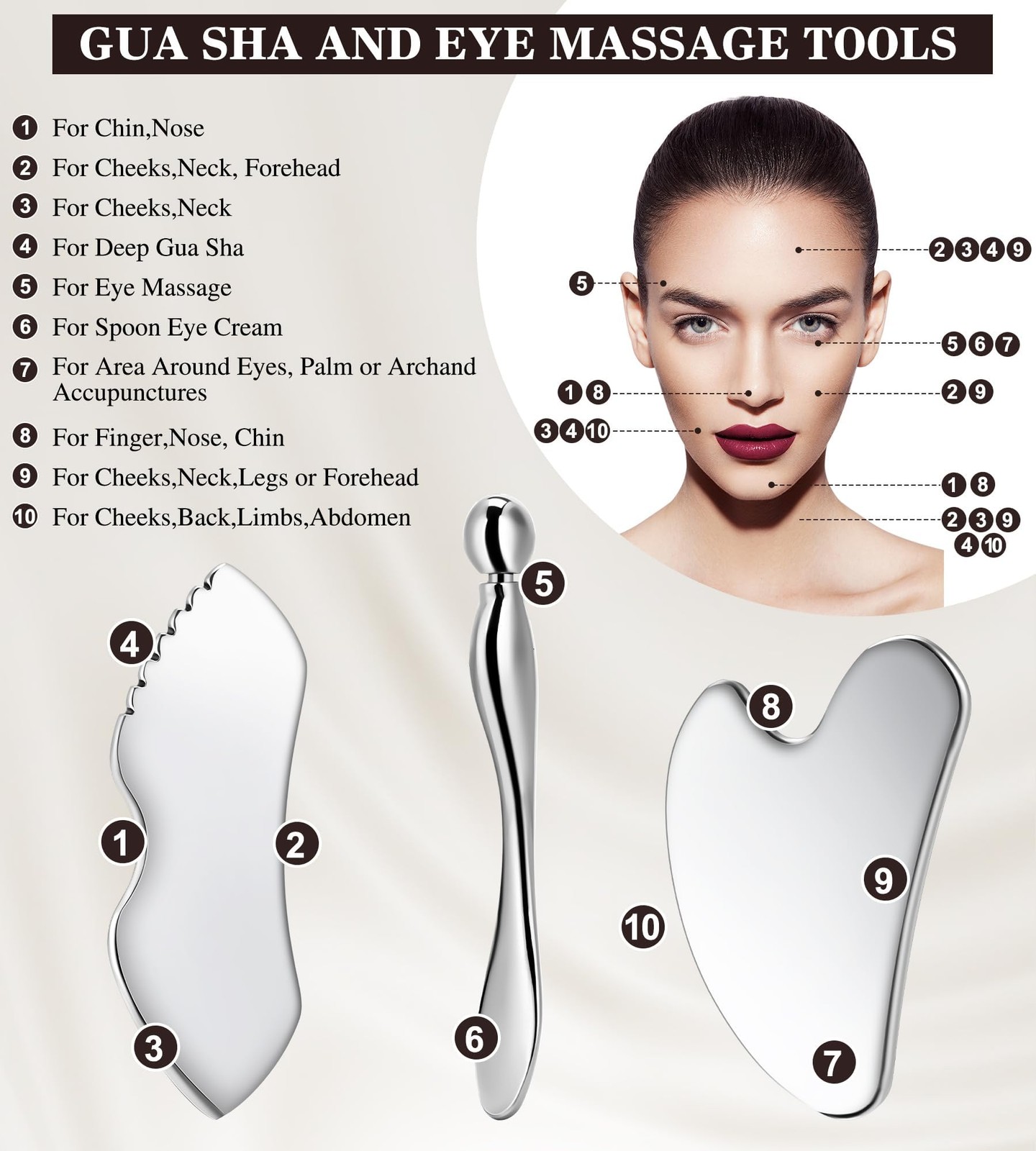 Gua Sha Facial Tools, 3 in 1 Stainless Steel Metal Guasha & Eye Cream Applica…