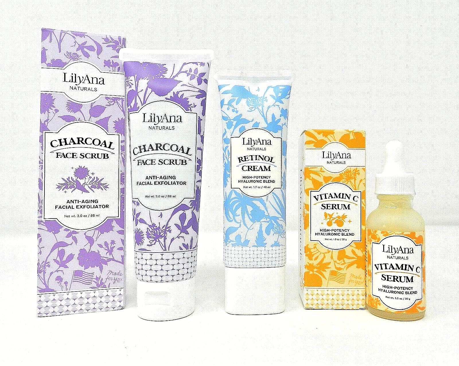 LilyAna Naturals Retinol Cream Vitamin C Serum Charcoal Face Anti-aging 3 Pc Lot
