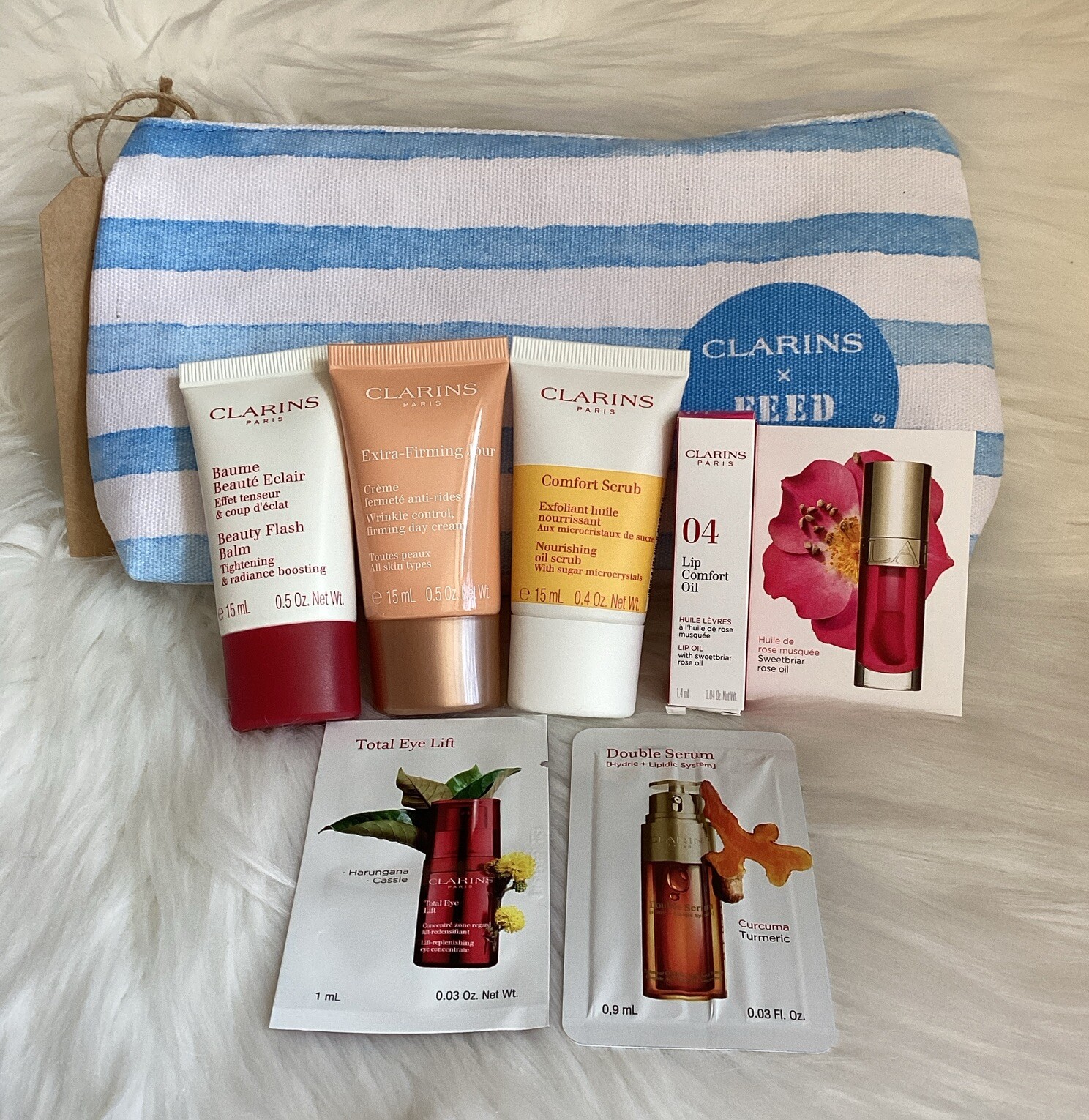 Clarins 6pcs Skin Care Set*Comfort Scrub*Beauty Flash Balm*Day Cream*Lip Oil