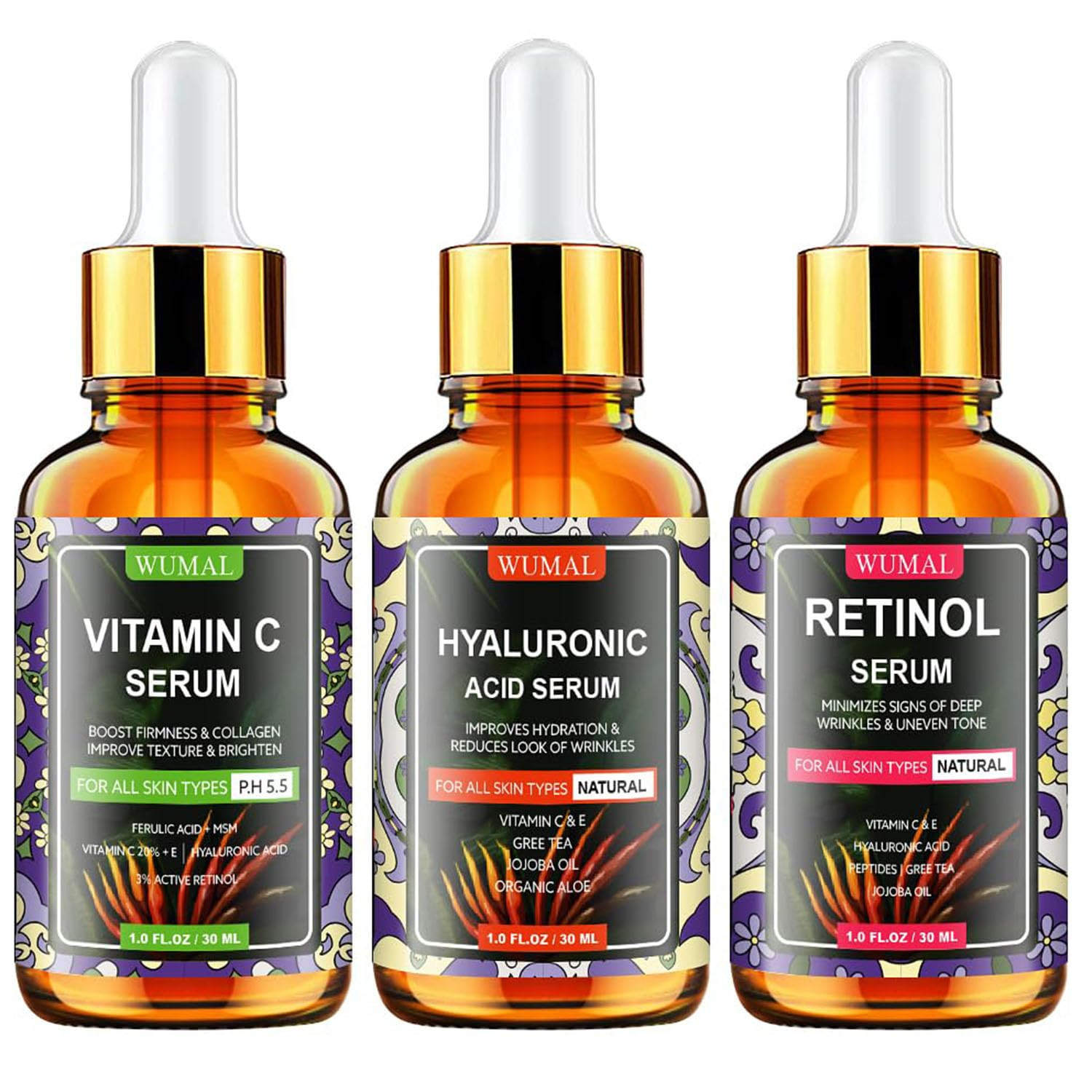 3 Pack Face Serum Set – Vitamin C Serum, Retinol Serum & Hyaluronic Acid Serum