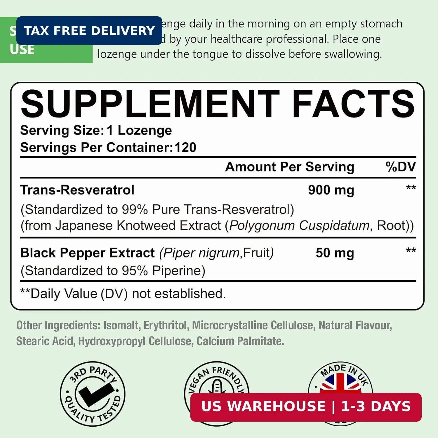 Sublingual Trans-Resveratrol 99% Pure 3-in-1 Supplement Anti-Aging 120 Lozenges