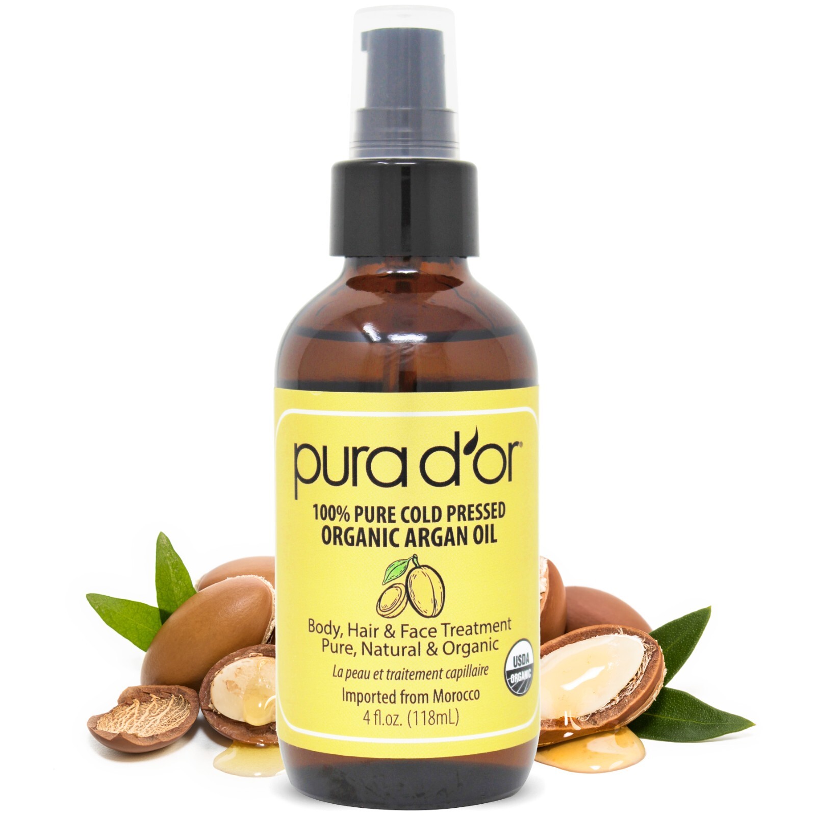 PURA D’OR Dor Moroccan Argan Oil 100% Pure Organic 4 fl oz, for Face Skin & Hair