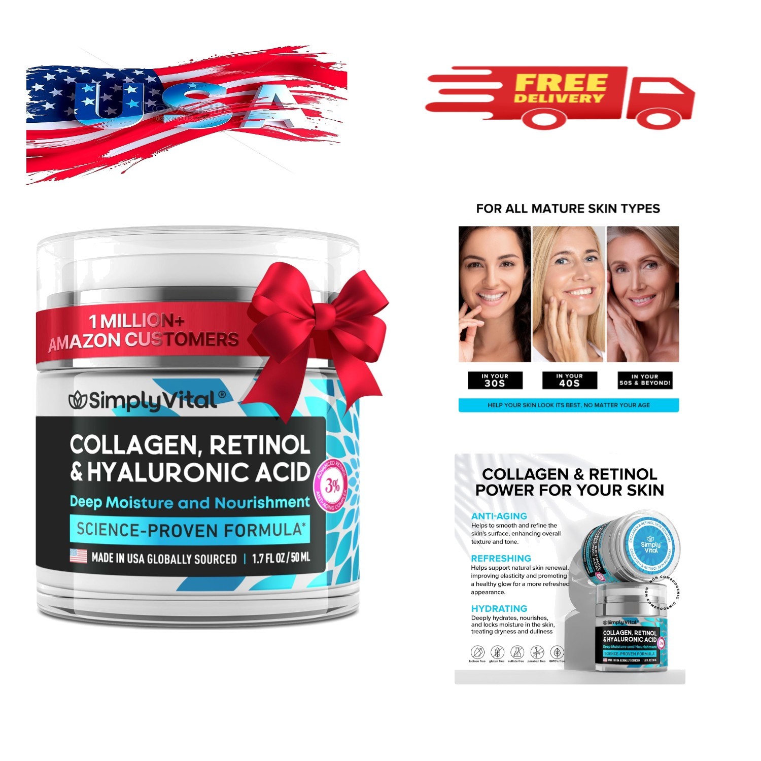 Collagen, Retinol & Hyaluronic Acid Cream – Anti-Aging Face Moisturizer for F…