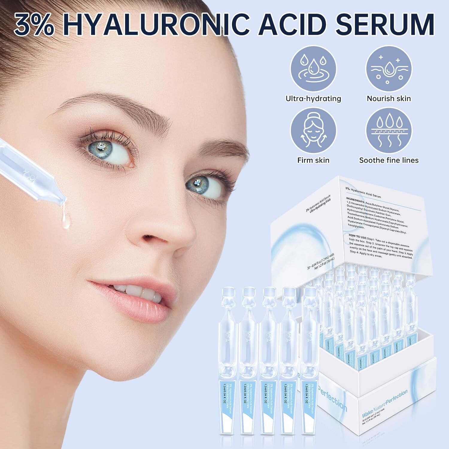30PCS 5% Hyaluronic Acid Serum Vials – Moisturizing, Firming, Single-Use Tubes