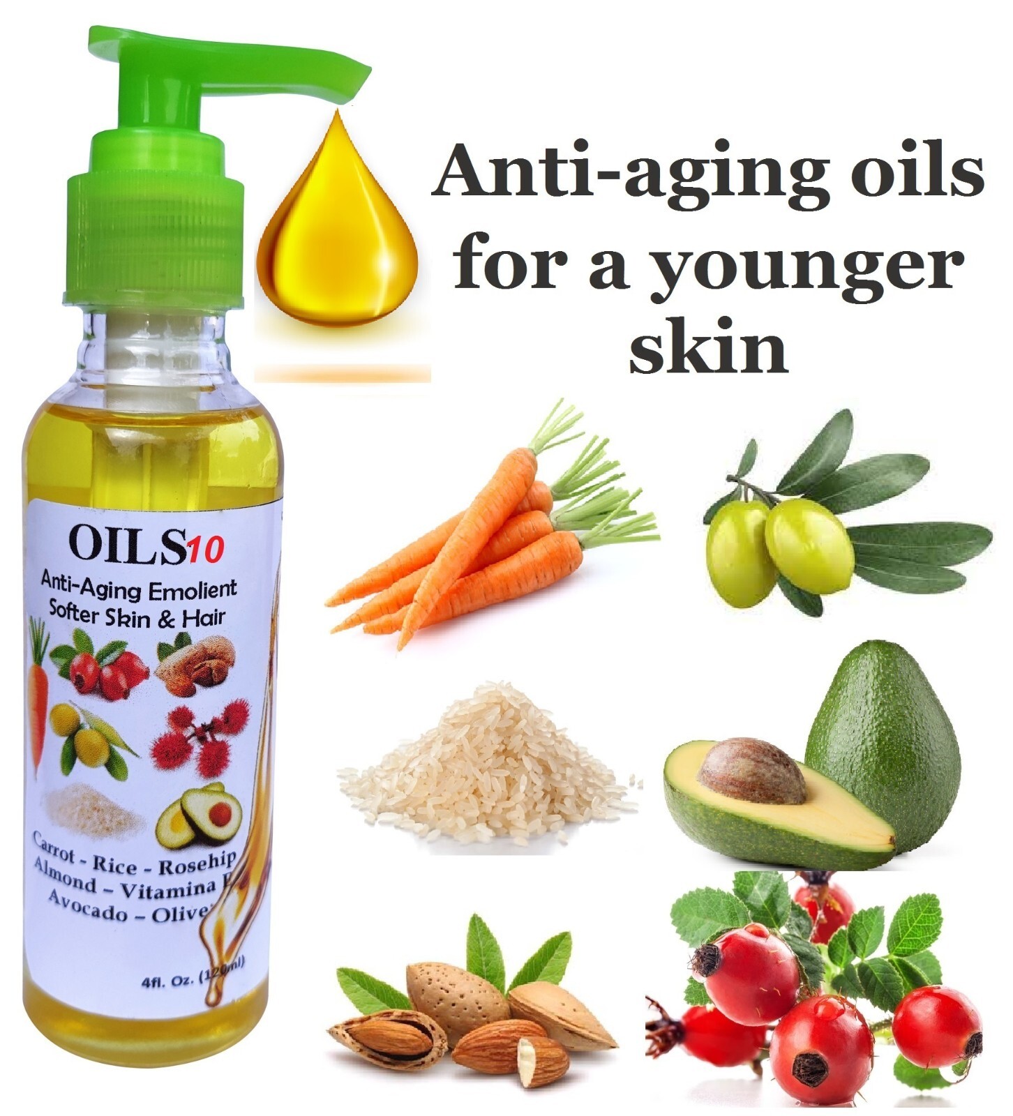 ALMOND oil 10 OILS RICE AVOCADO ROSEHIP OLIVE VITAMIN E CASTOR carrot 4fl oz