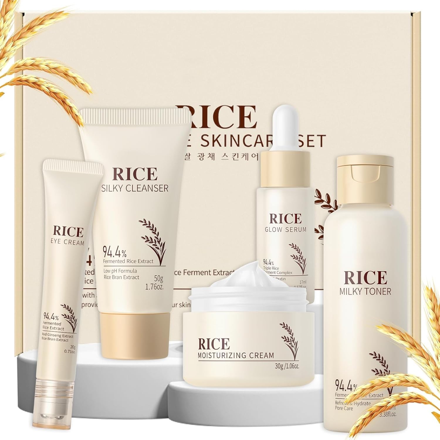 LAIKOU Skin Care Set, Korean Skin Care with Rice Cleanser, Toner, Serum, Eye