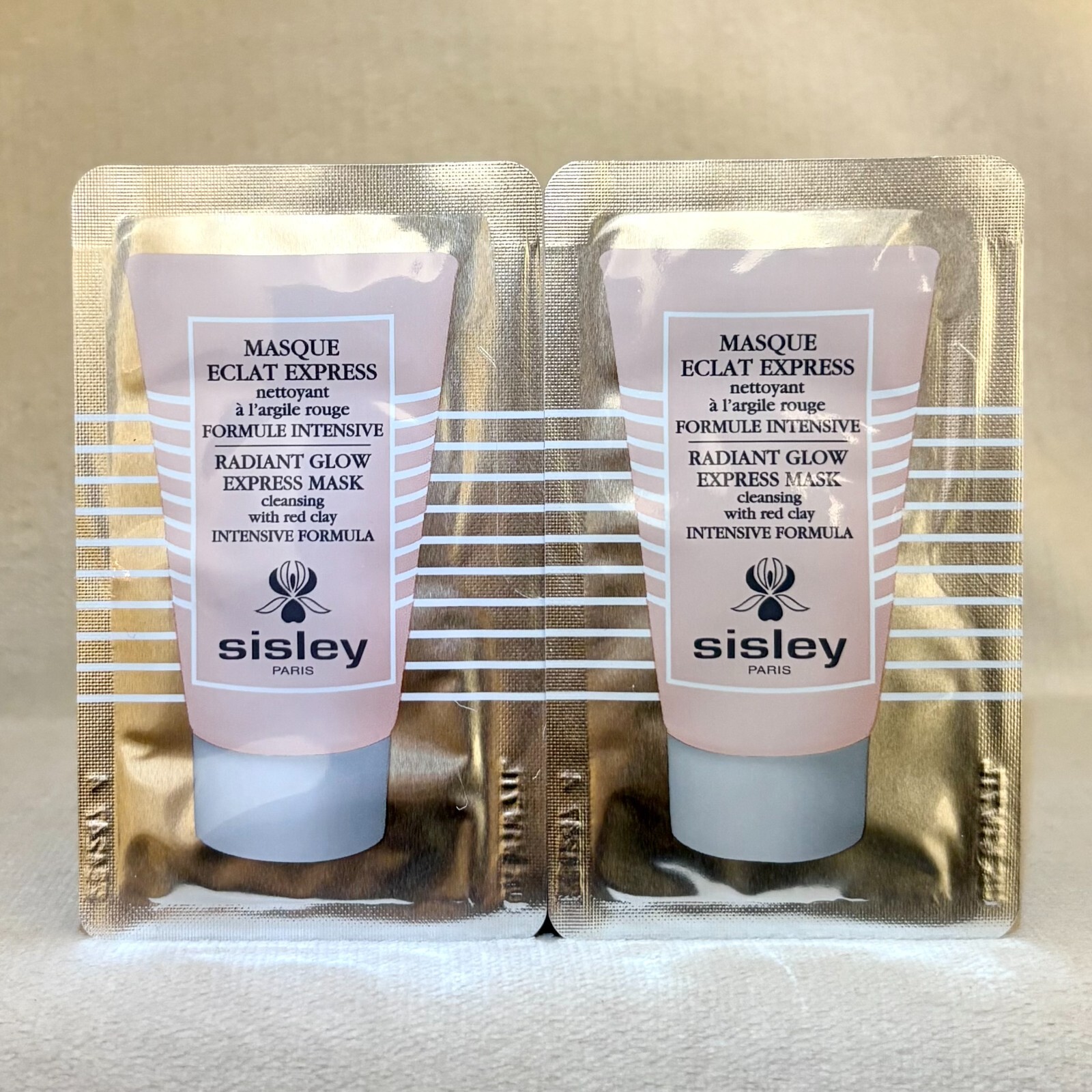 2x Sisley Radiant Glow Express Mask w/ Red Clay Mask Sample Packet .13oz, 4ml Ea