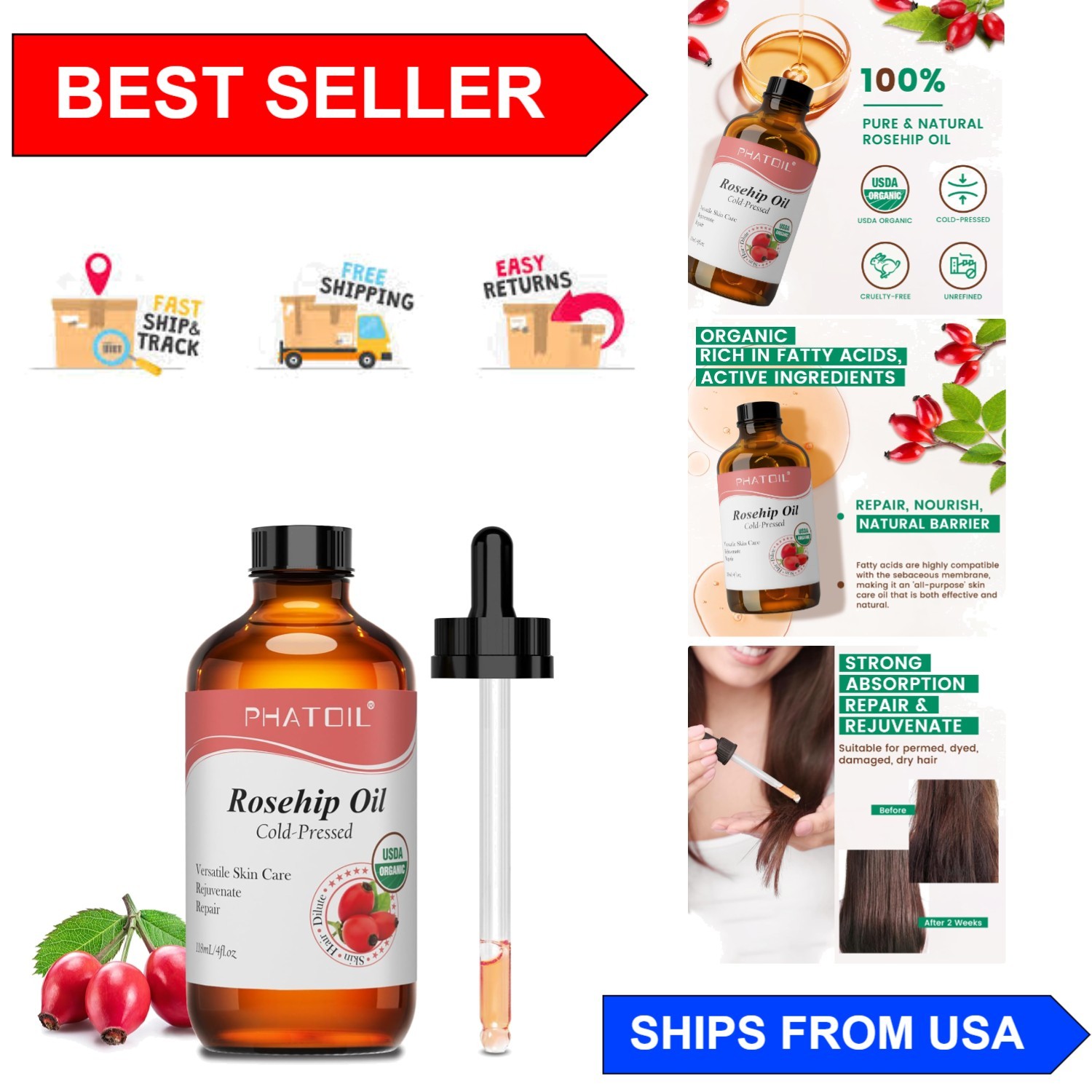Cold Pressed Rosehip Oil 4oz – Enhances Skin Elasticity and Reduces Fine Lines