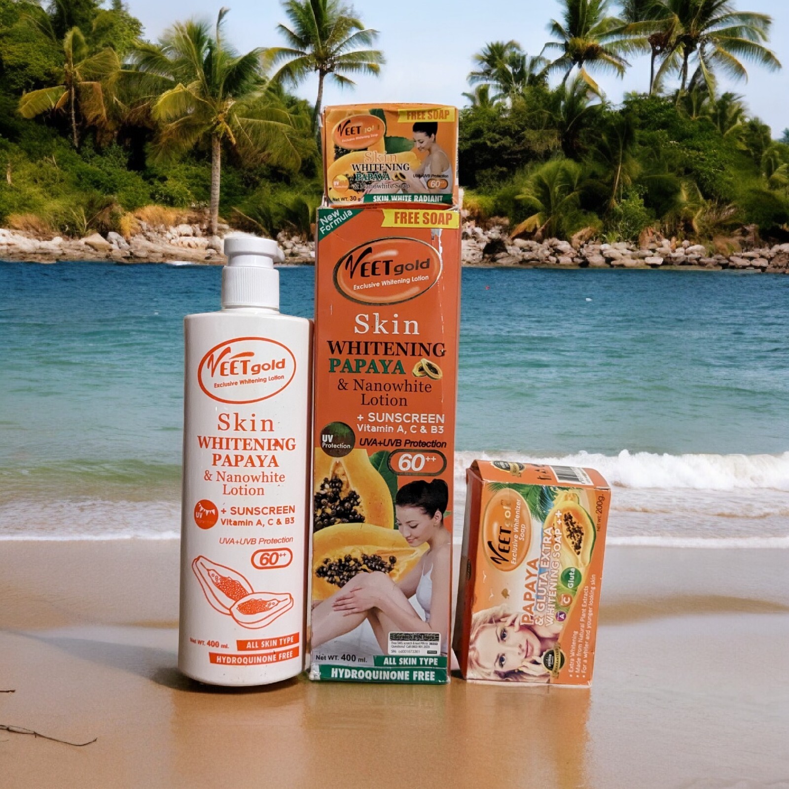 2pcs Veet Gold Skin whitening Papaya lotion Free Spf 60, Papaya Soap + Vit A, C
