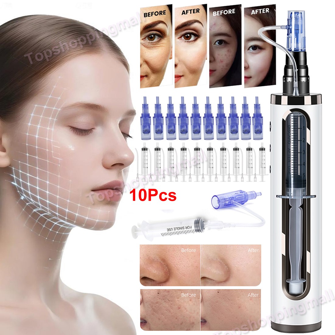 Micro Pen Mesotherapy & 10Pcs 3D Pin Replacement Needle Cartridge Tip Face Care