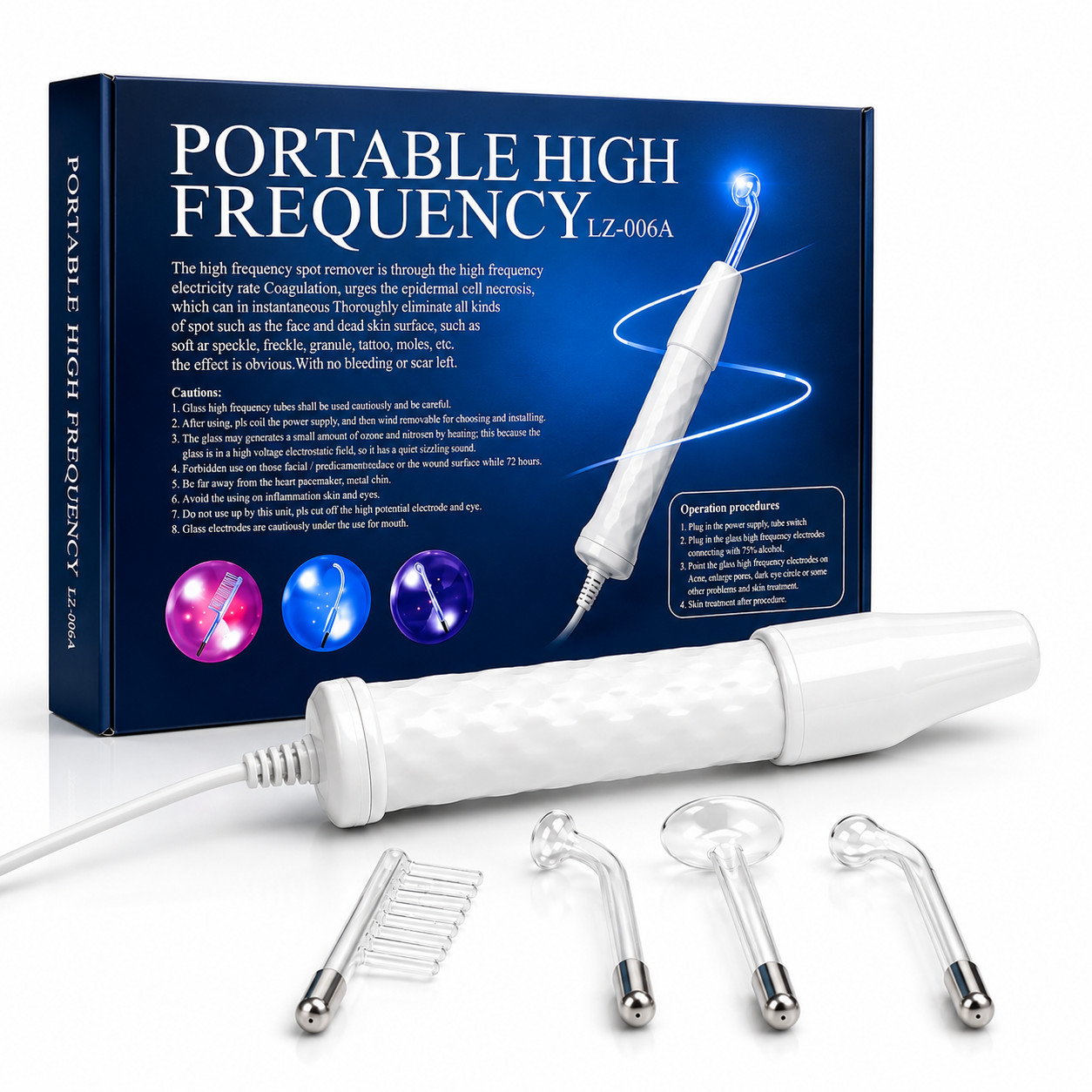 Portable High Frequency Facial Wand Skin Therapy Device 4 Glass Electrodes
