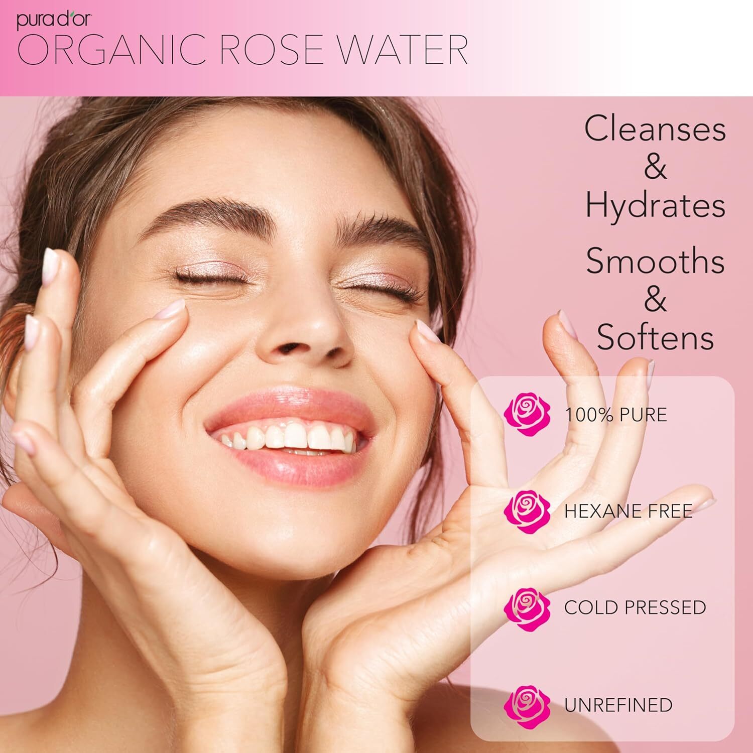 PURA D’OR Dor Organic Rose Water Toner 100% Pure for Anti-Aging Skin & Hair, 4oz