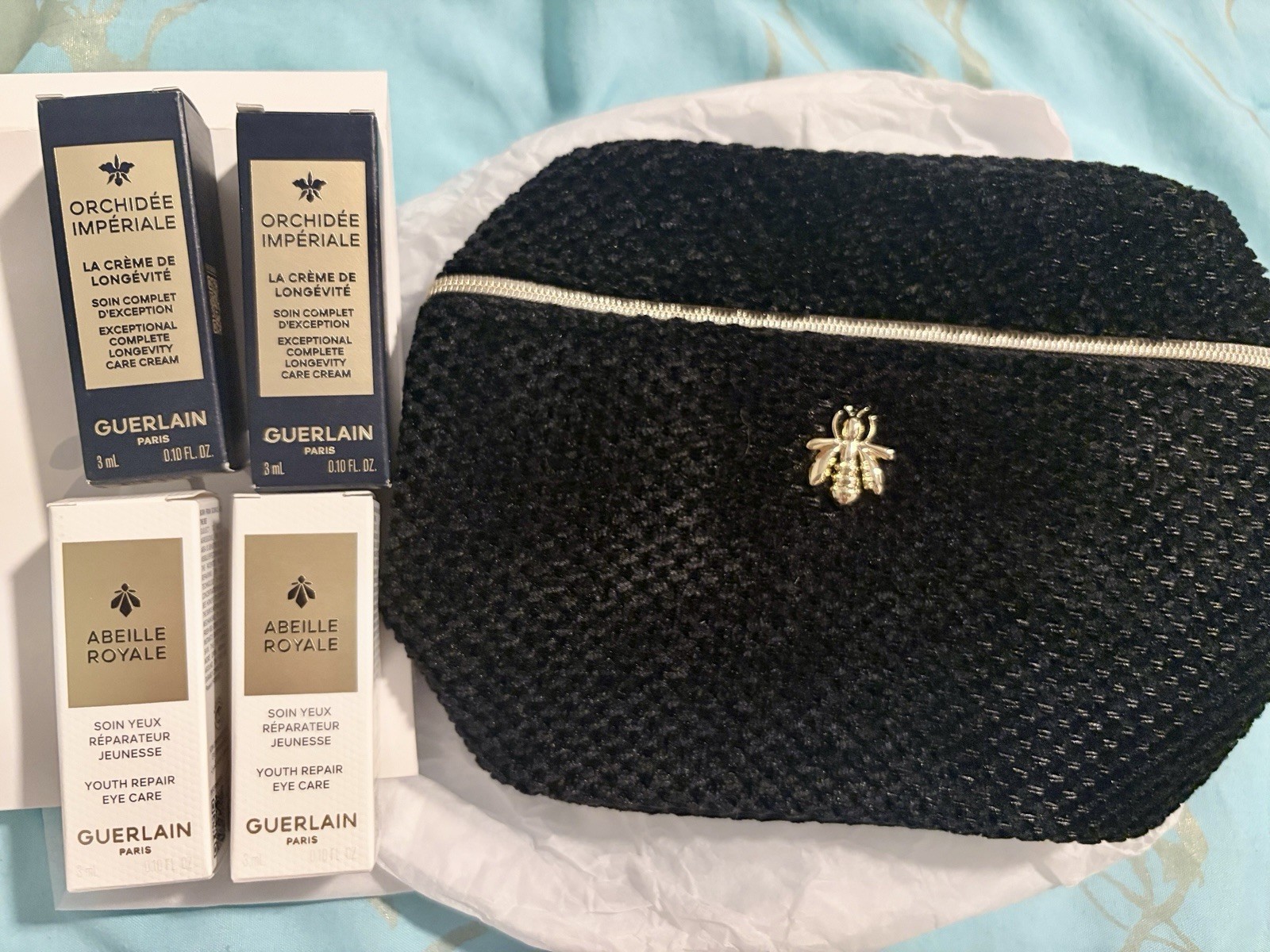GUERLAINE Bundle: Woven Black Pouch + 4 Samples (2x Orchid. I & 2x Abeille R.)