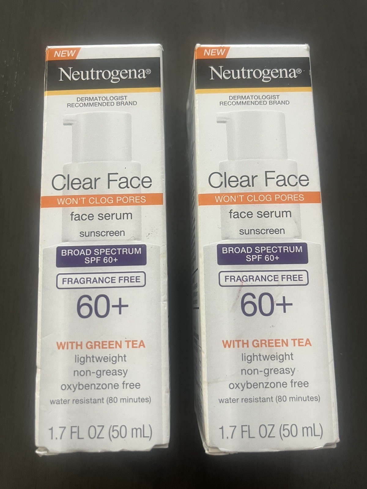 Lot of 2 – Neutrogena Clear Face Serum Sunscreen with Green Tea, SPF 60+ 1.7oz