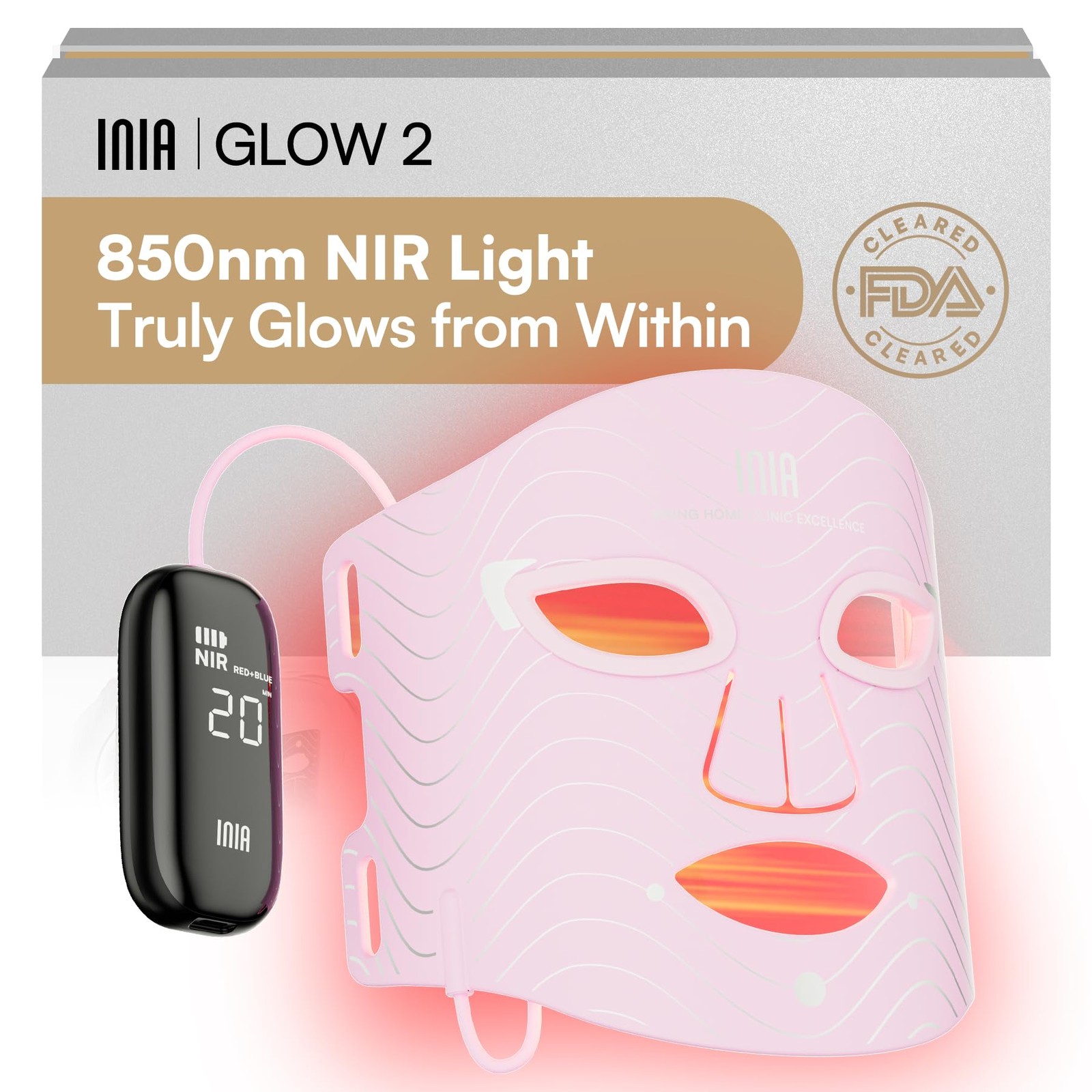 INIA Red Light Therapy Mask for Face – 4 Light Modes with 850nm NIR, Red & Bl…