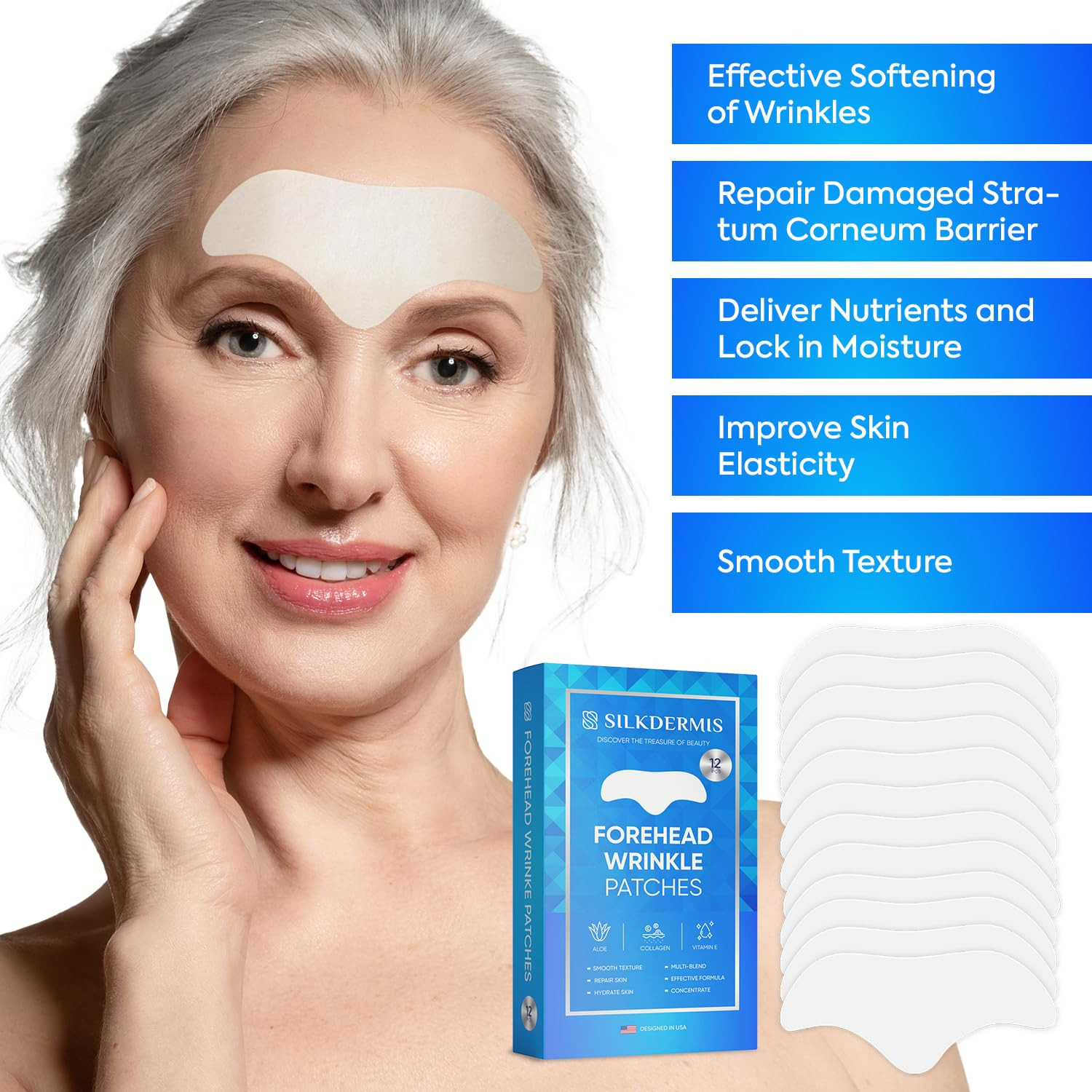 Forehead Wrinkle Patches 12Pcs with Aloe, Collagen, Vitamin E, Anti Wrinkle Patc