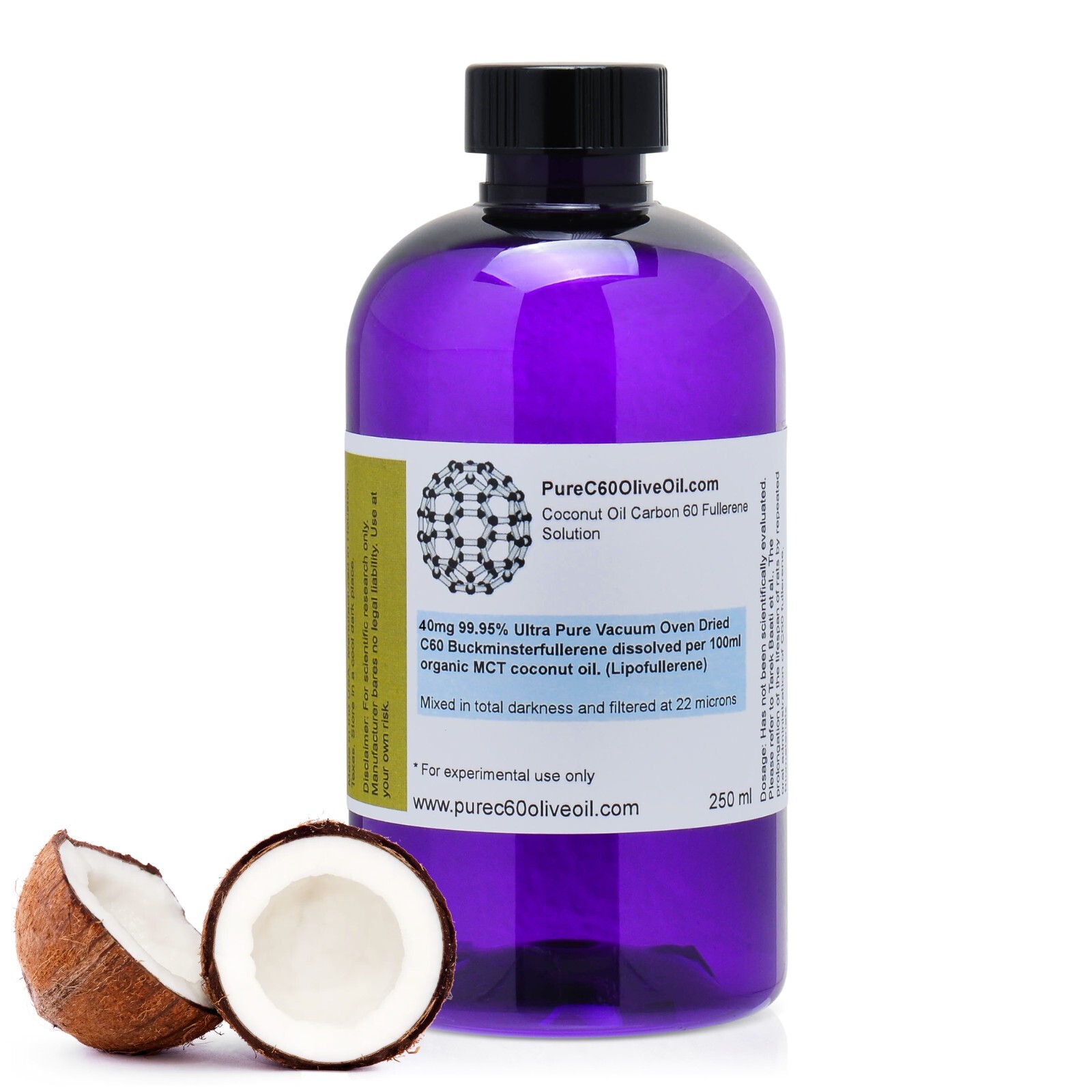 PureC60OliveOil C60 Organic MCT Coconut Oil 250ml – 99.95% Ultra Pure C60 100mg