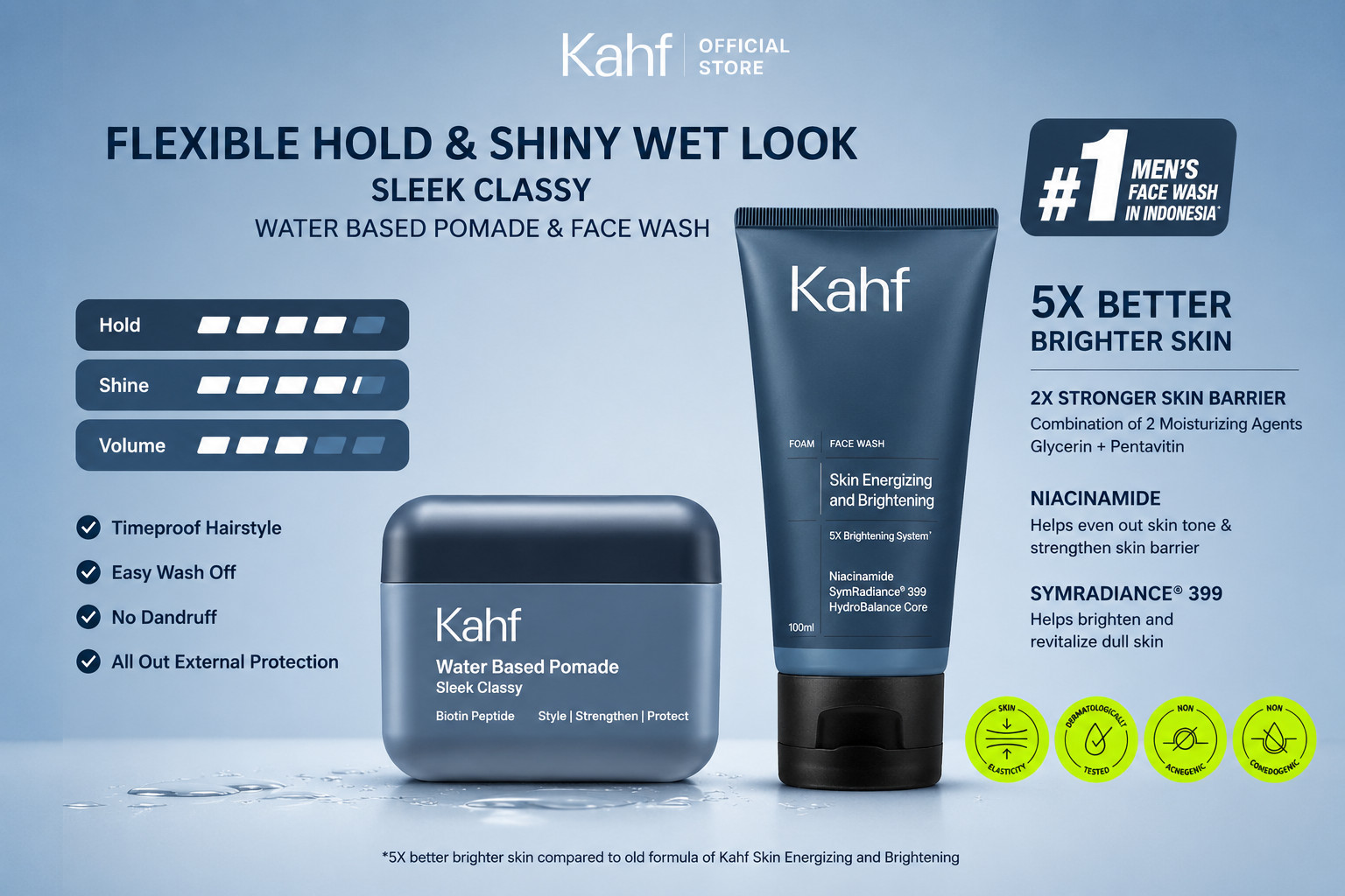 KAHF MEN Skin Energizing Face Wash 100ml + Water Based Pomade Sleek Classy 70g