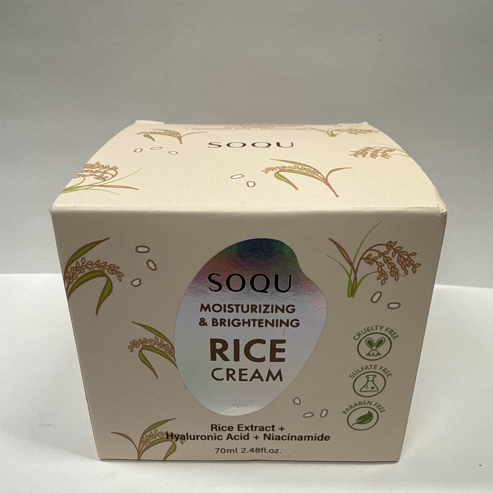 SOQU Rice Face Cream, Moisturizing & Brightening, 2.4 Oz. Rice Extra. Exp: 08/28
