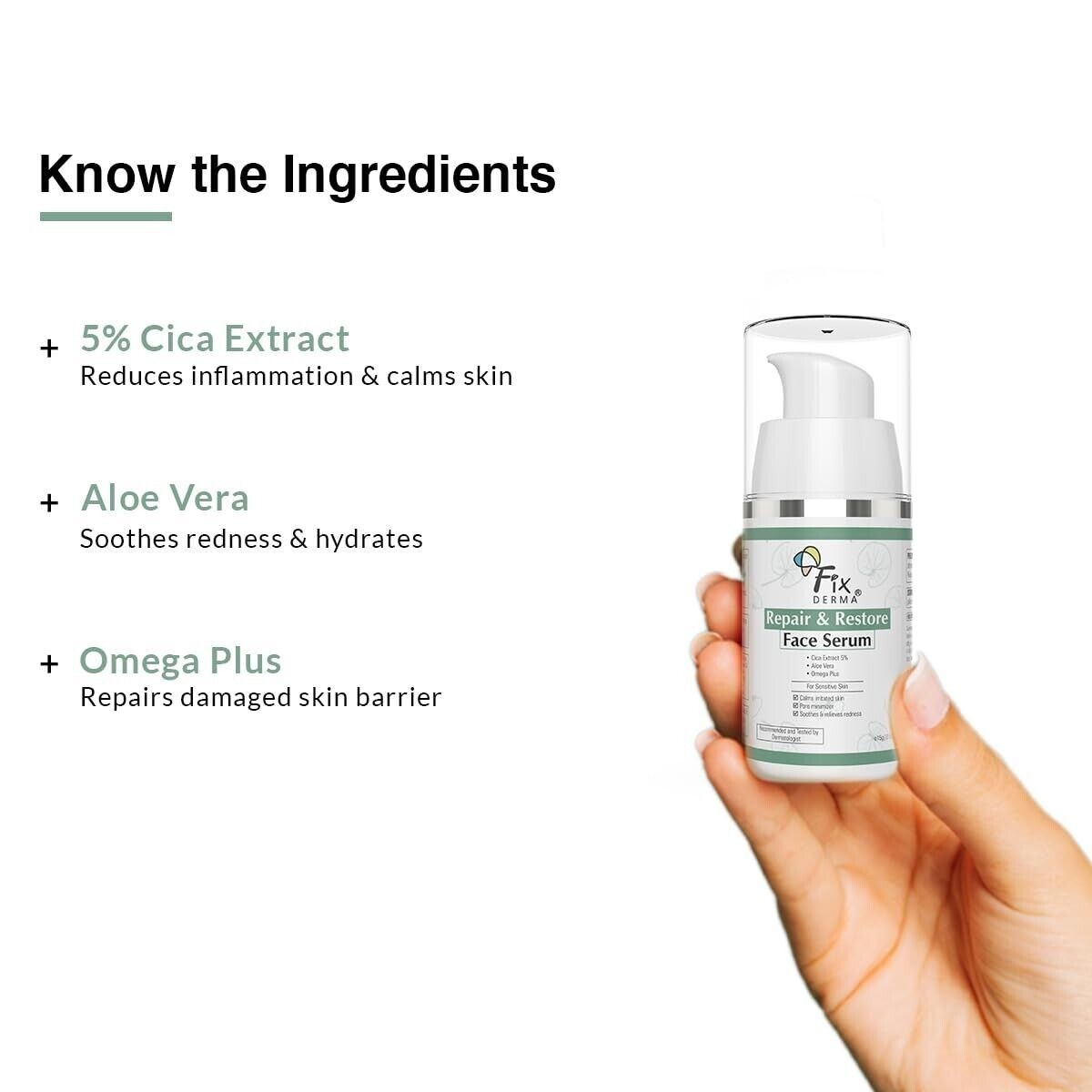 Fixderma 5% Cica Extract Repair & Restore Face Serum for Sensitive Skin – 15 gm