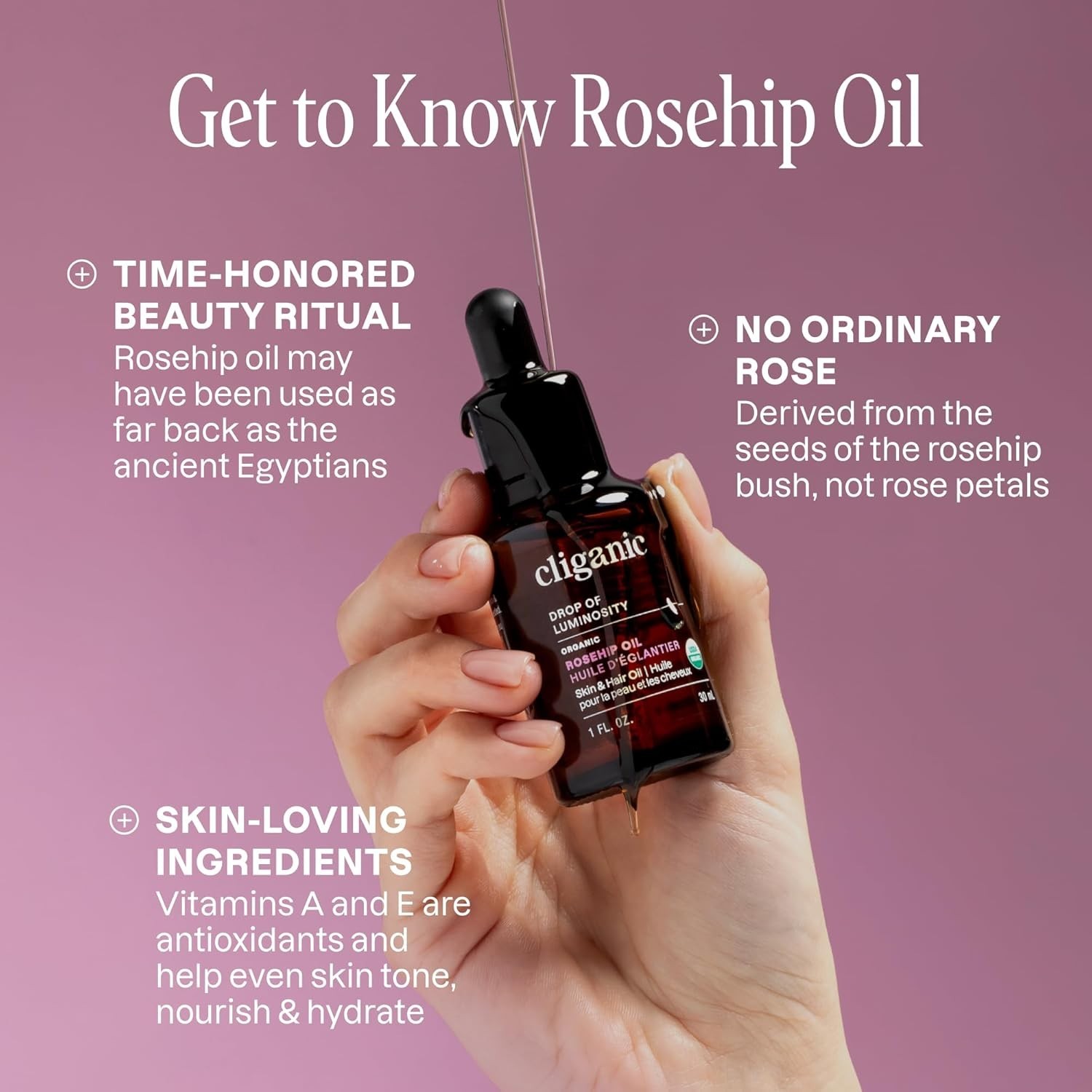 100% Pure Organic Rosehip Oil – Hydrating Carrier Oil for Face & Hair Care