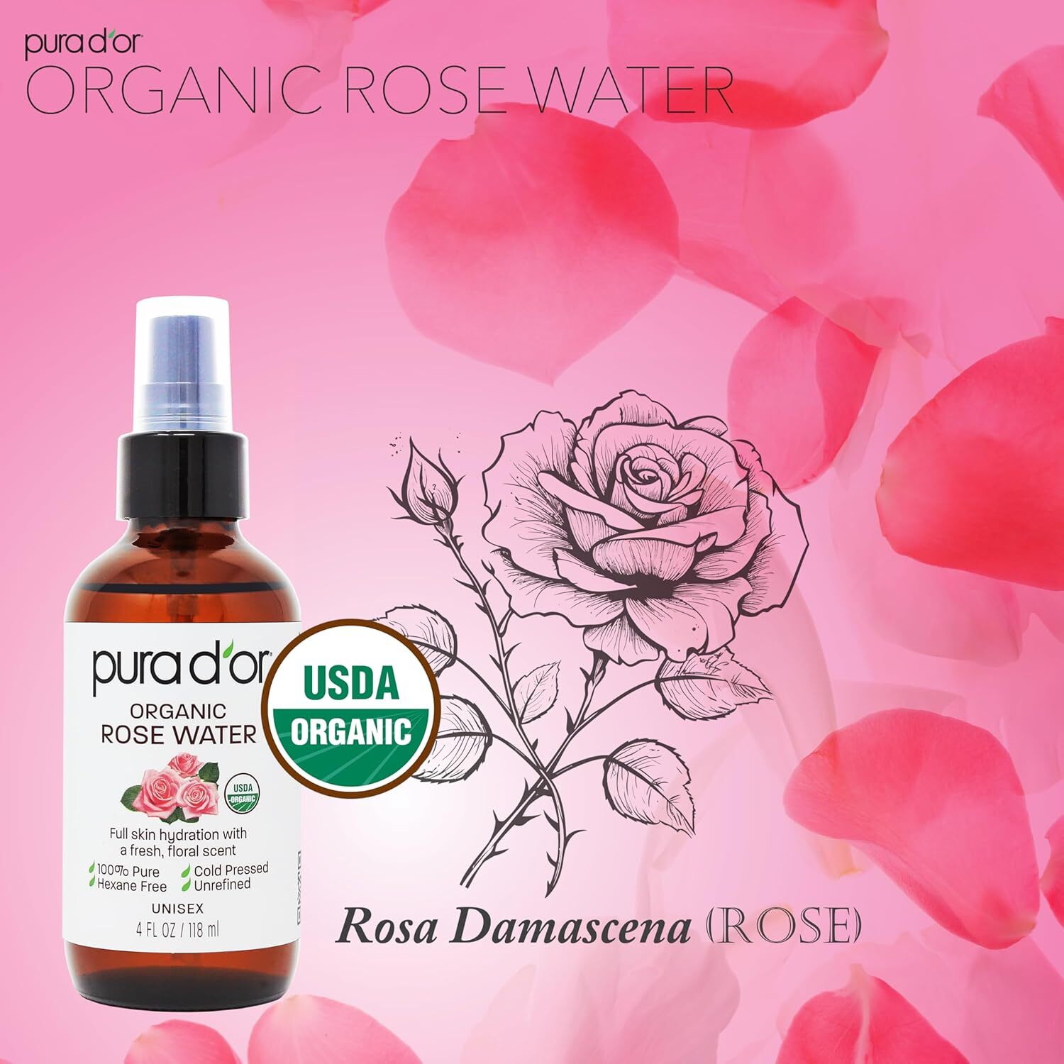 PURA D’OR Dor Organic Rose Water Toner 100% Pure for Anti-Aging Skin & Hair, 4oz