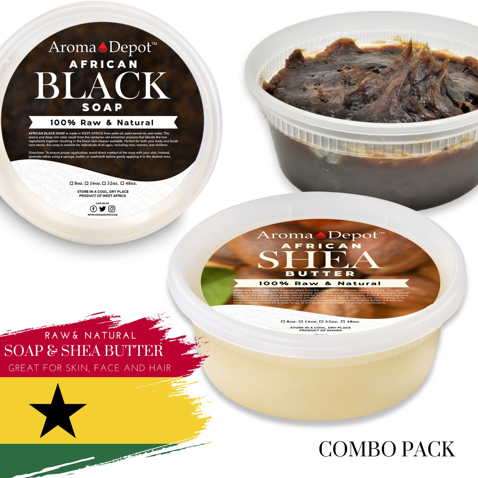African Shea Butter 8 oz. Raw African Black Soap PASTE Organic IVORY COMBO PACK