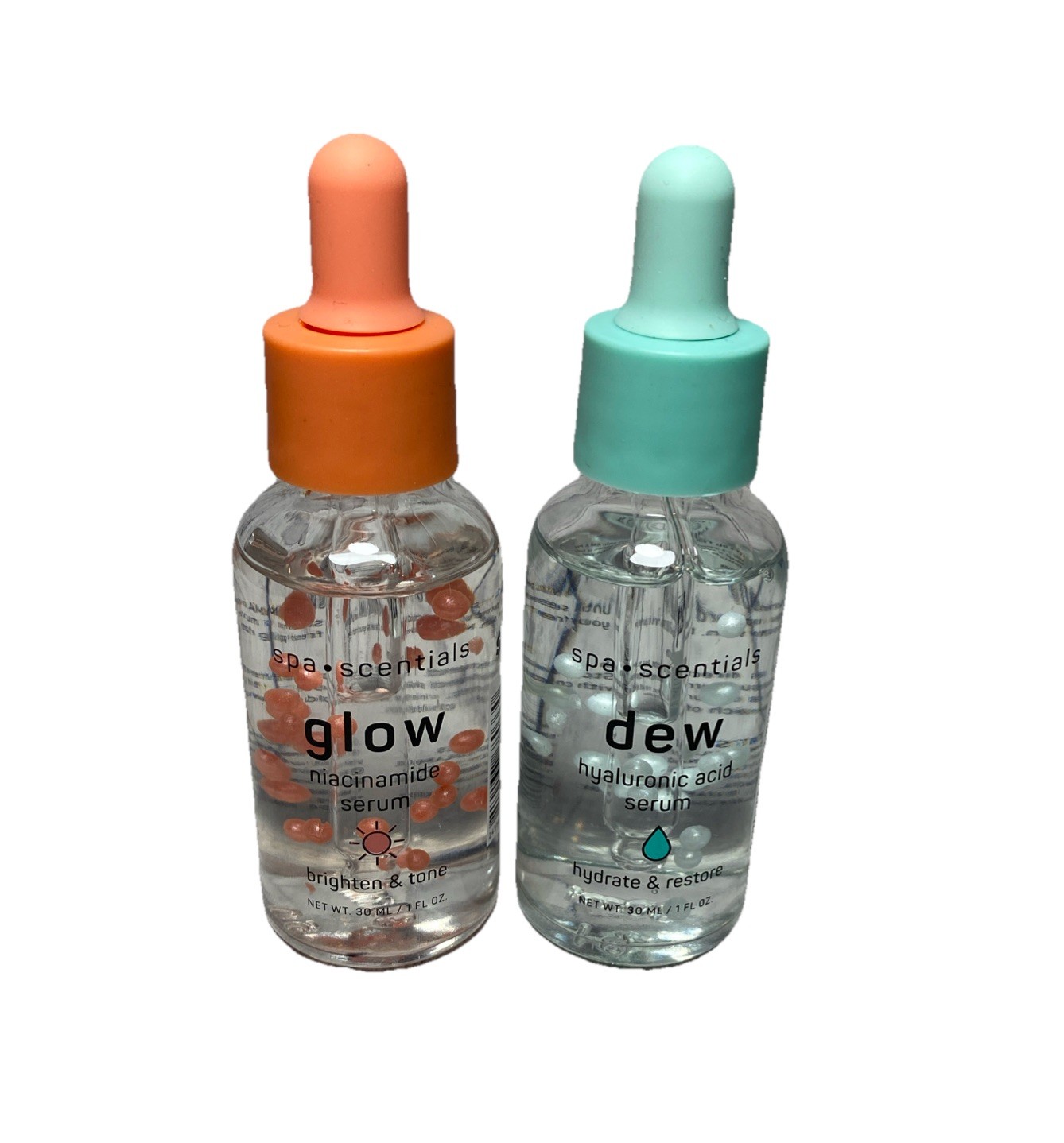 SPA SCENTIALS 2 PK- GLOW- DEW- 2 FACIAL SERUMS! BRAND NEW! 1 fl oz SO POPULAR!