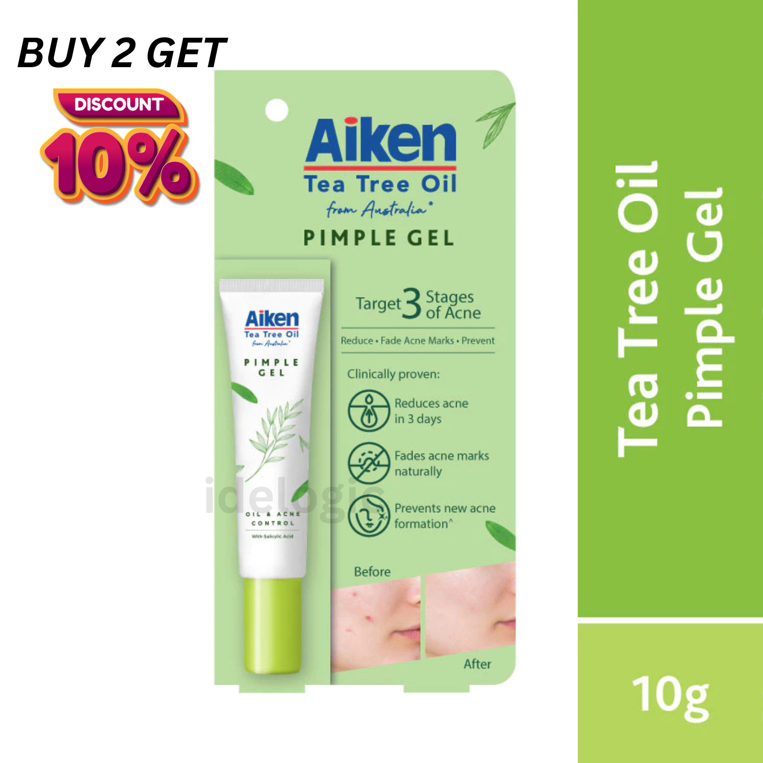 AIKEN Tea Tree Oil Pimple Gel 10g Acne Breakouts, Unclogs Pores , Oil Control