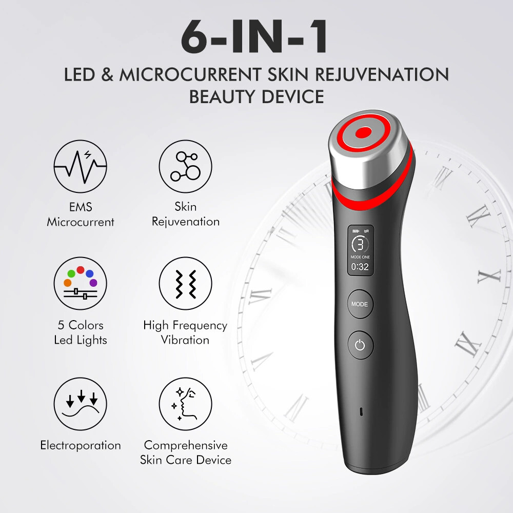 5 Colors Facial LED 6-in-1 Real Glass Glow Beauty Device Remove Wrinkle – Black