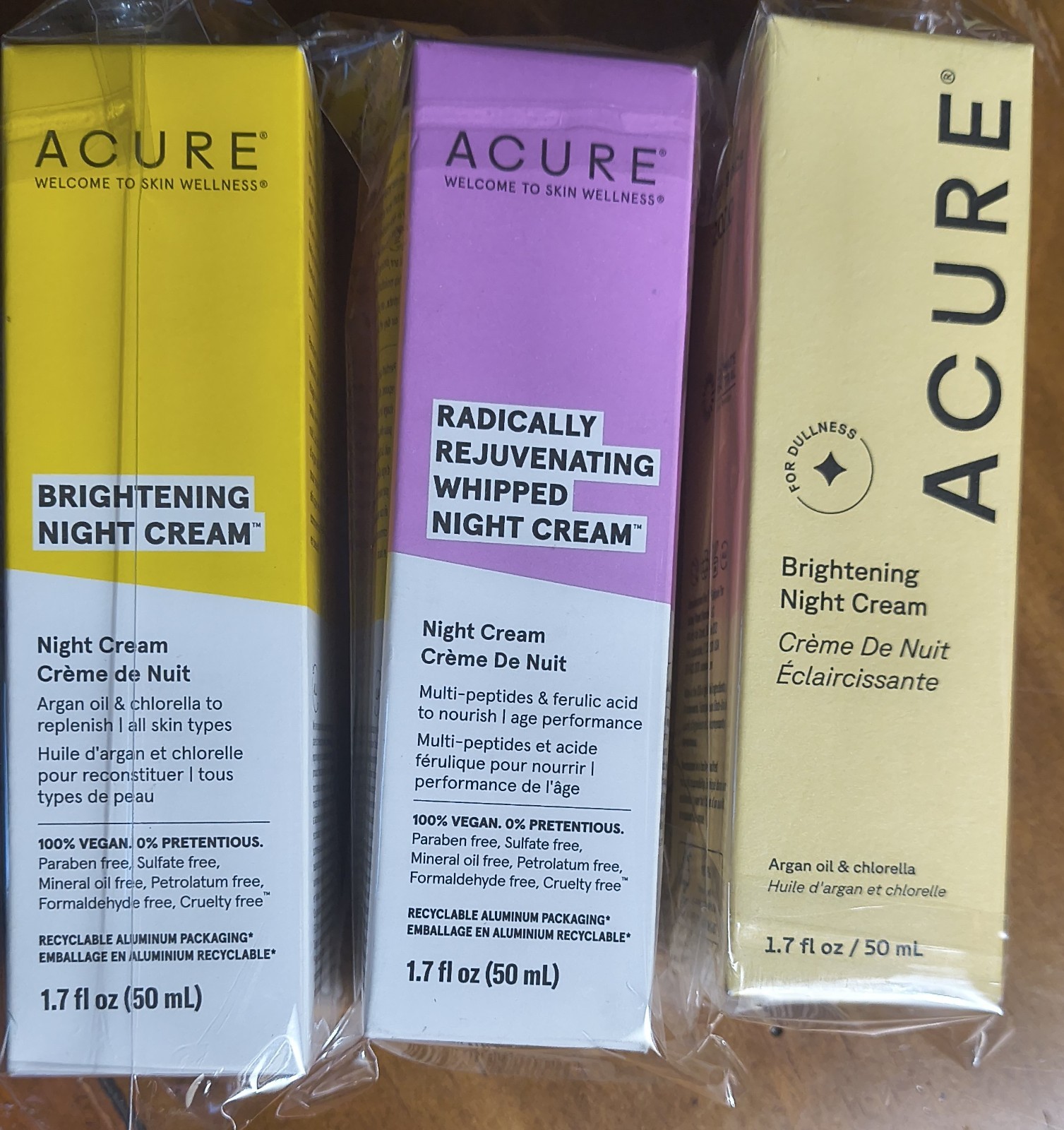 3 ACURE Night Face Creams, NIB. Brightening & Rejuvenating Argon, Chlorella VitC