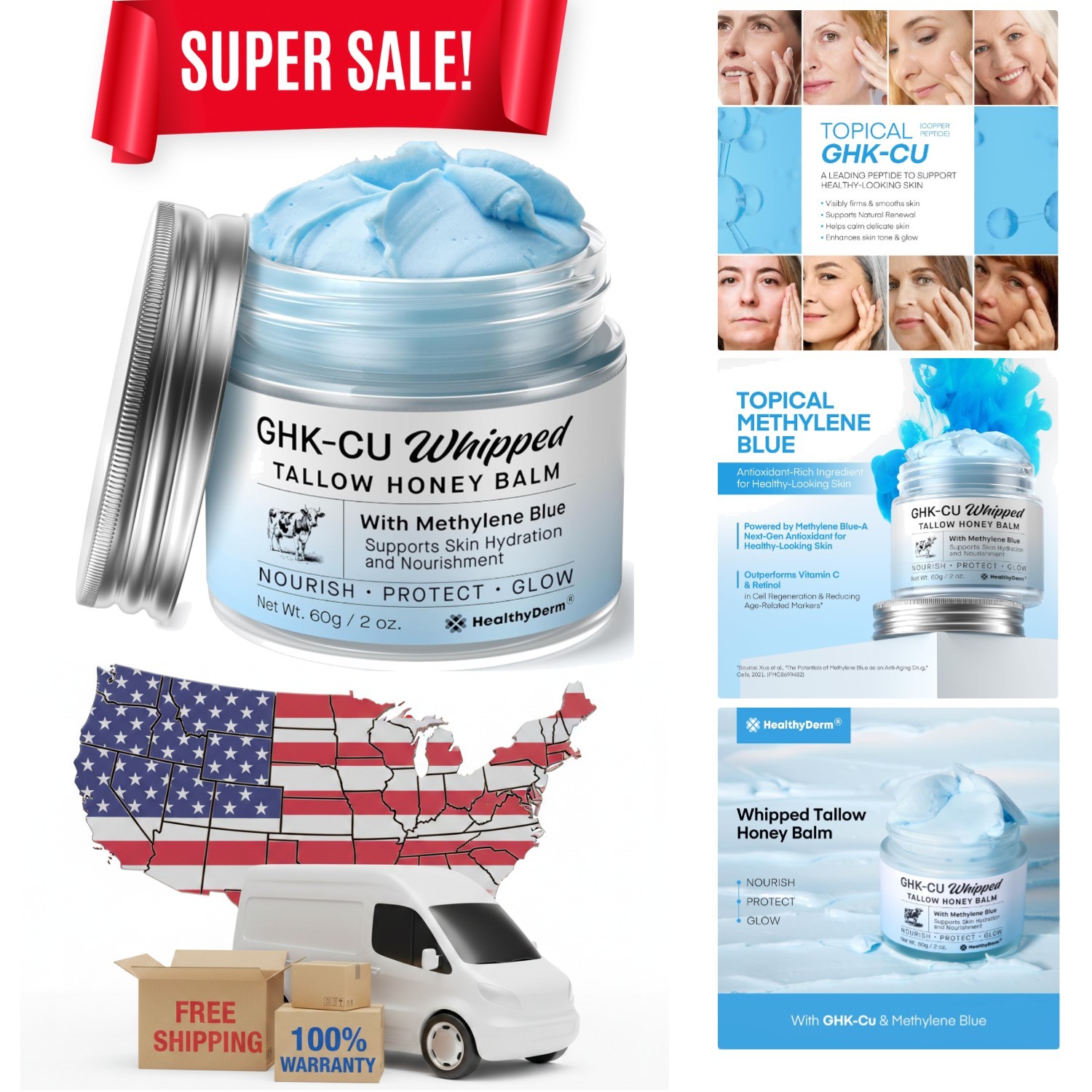HealthyDerm Copper Peptides GHK-Cu Beef Tallow for Skin Blue Balm with Methyl…