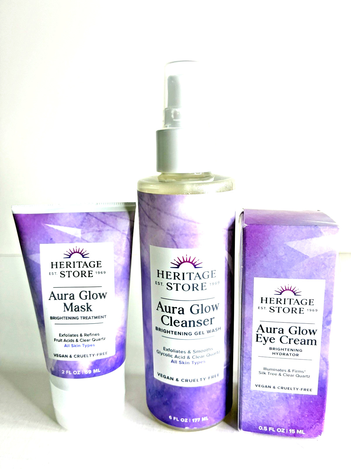 Heritage Store Aura Glow Skincare Set Cleanser Mask Eye Cream Vegan Cruelty Free
