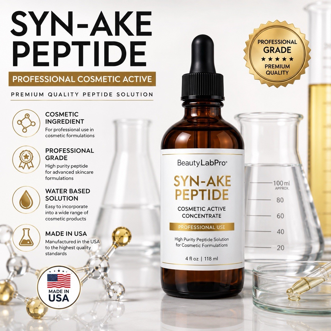 Syn-Ake Peptide Solution 4 oz High Purity Cosmetic Active Ingredient USA