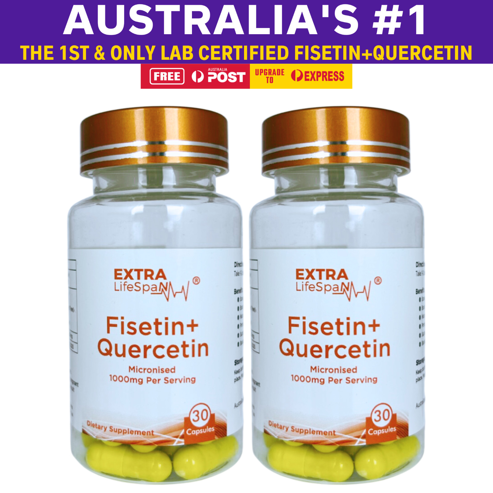 Fisetin Quercetin 99.8% Australia 500mg x 30 Capsules Extra Lifespan Supplement