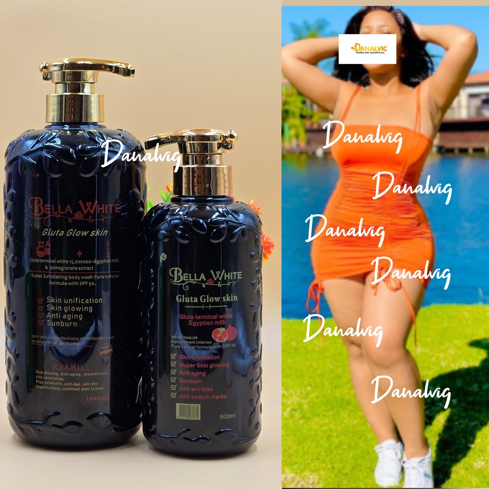 Bella white Glutta-glow Whitening Body Lotion& Shower Gel With Papaya 500ml👌