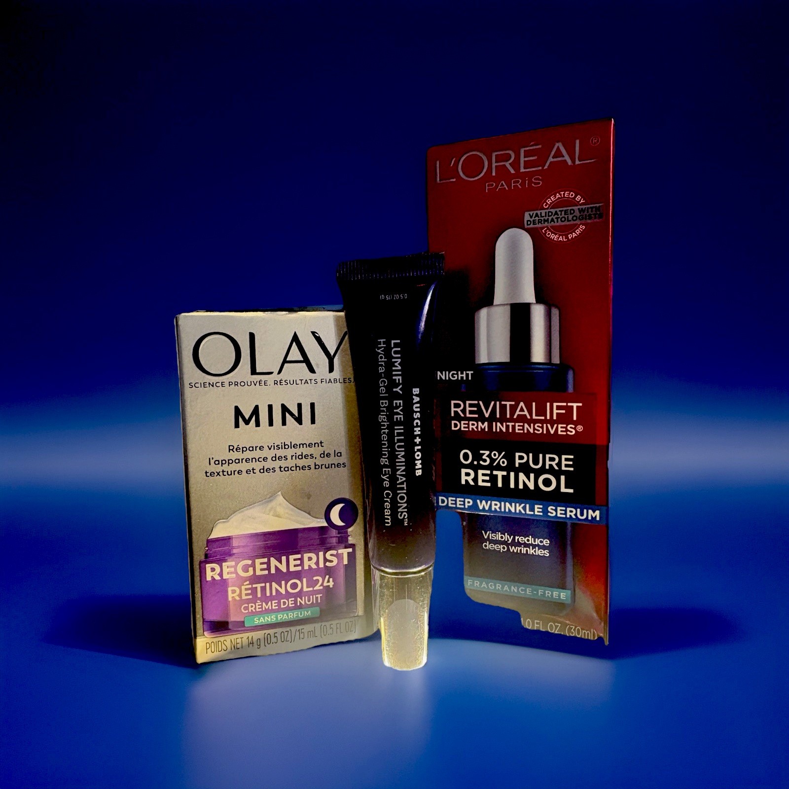 3 Pc Set L’Oréal Retinol Serum, Olay Night Cream Bausch+Lomb Lumify Hydra Gel