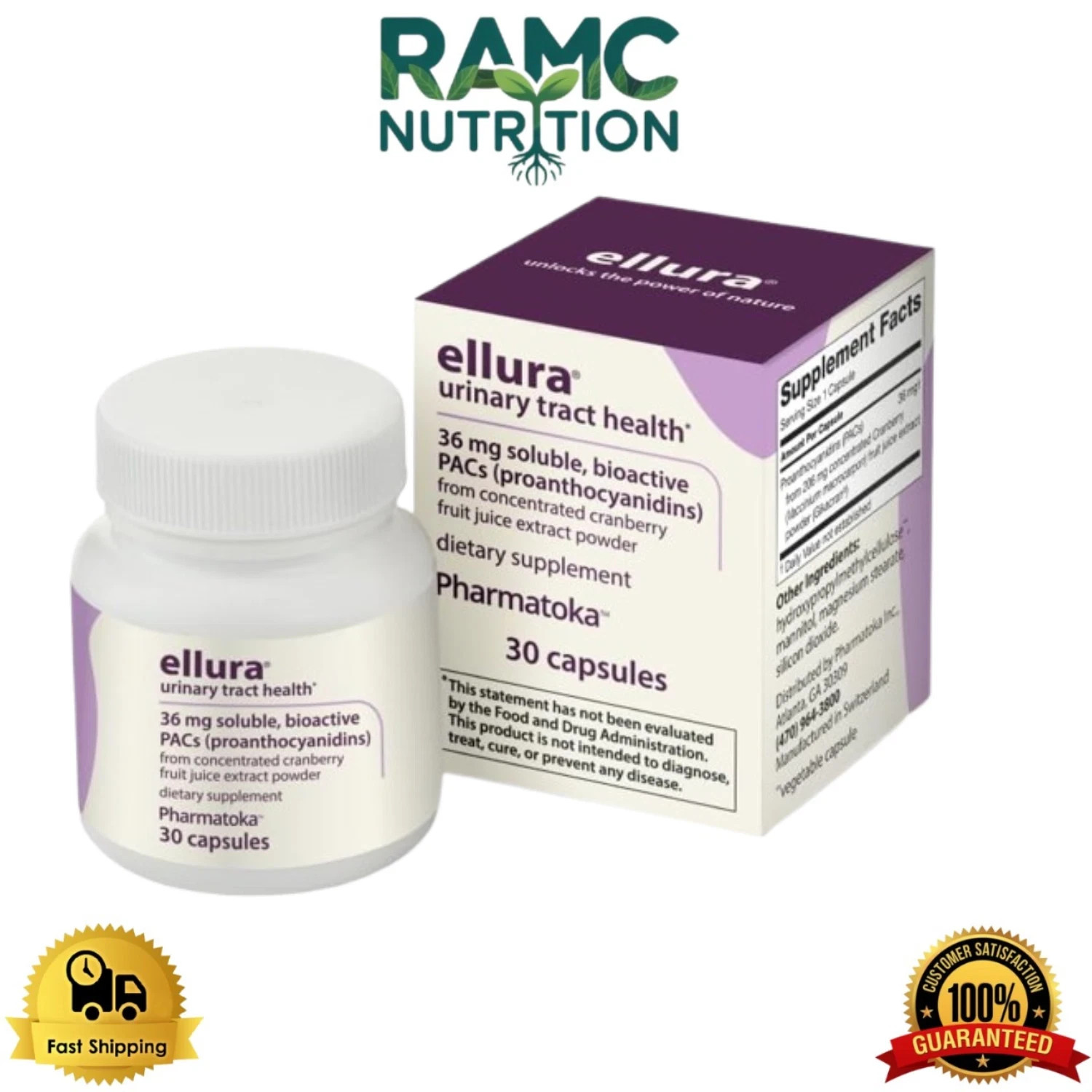 Ellura 36mg Clinically Proven Soluble, Bioactive PACs – 100% – 30 Capsules USA