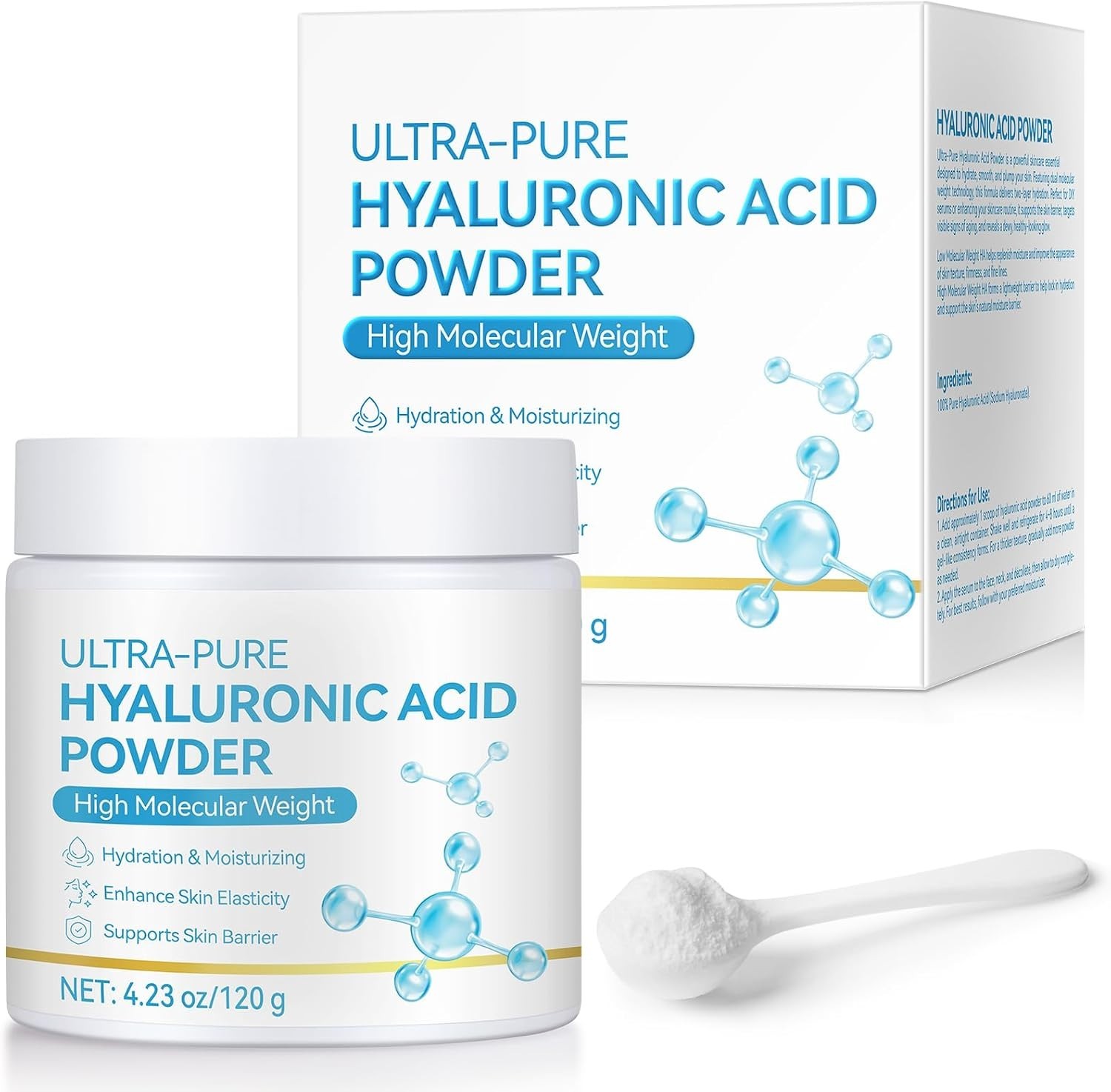 Pure Hyaluronic Acid Serum Powder for Skin & Face, 120G High Molecular Weight..
