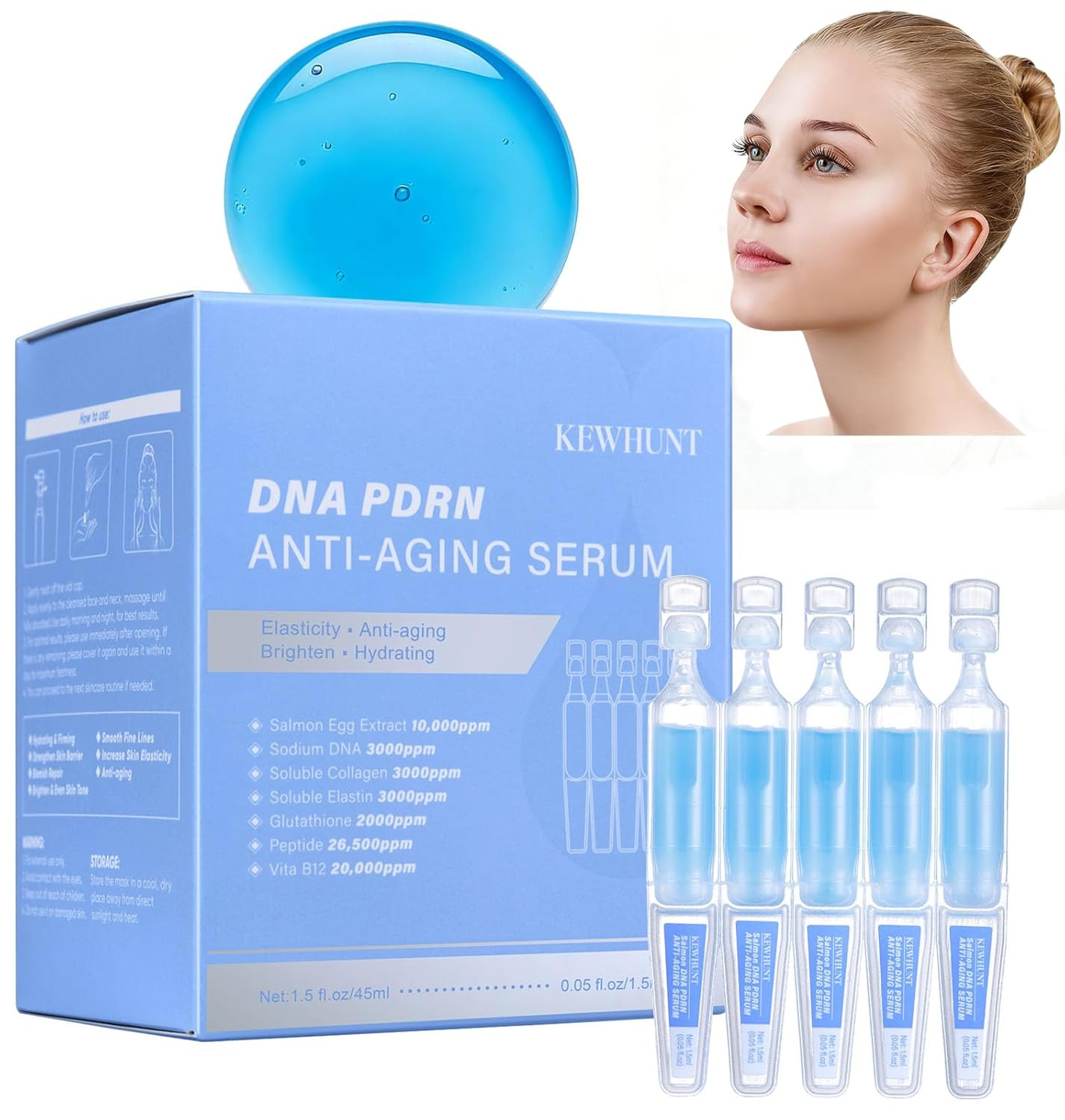 Salmon DNA PDRN Anti-Aging Facial Serum, 10,000Ppm Salmon Egg DNA Ampoule, 3000P
