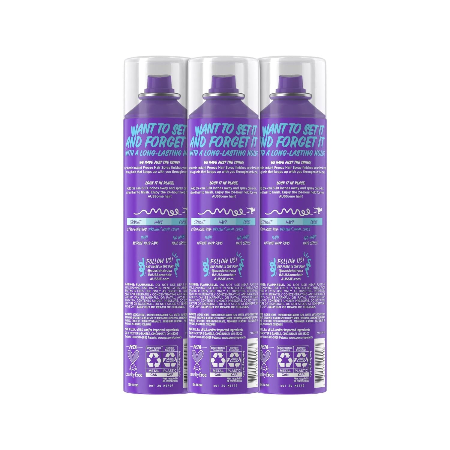 Aussie Instant Freeze Hair Spray for Extreme Hold Fresh Citrus 10 Fl Oz, 3 Pack
