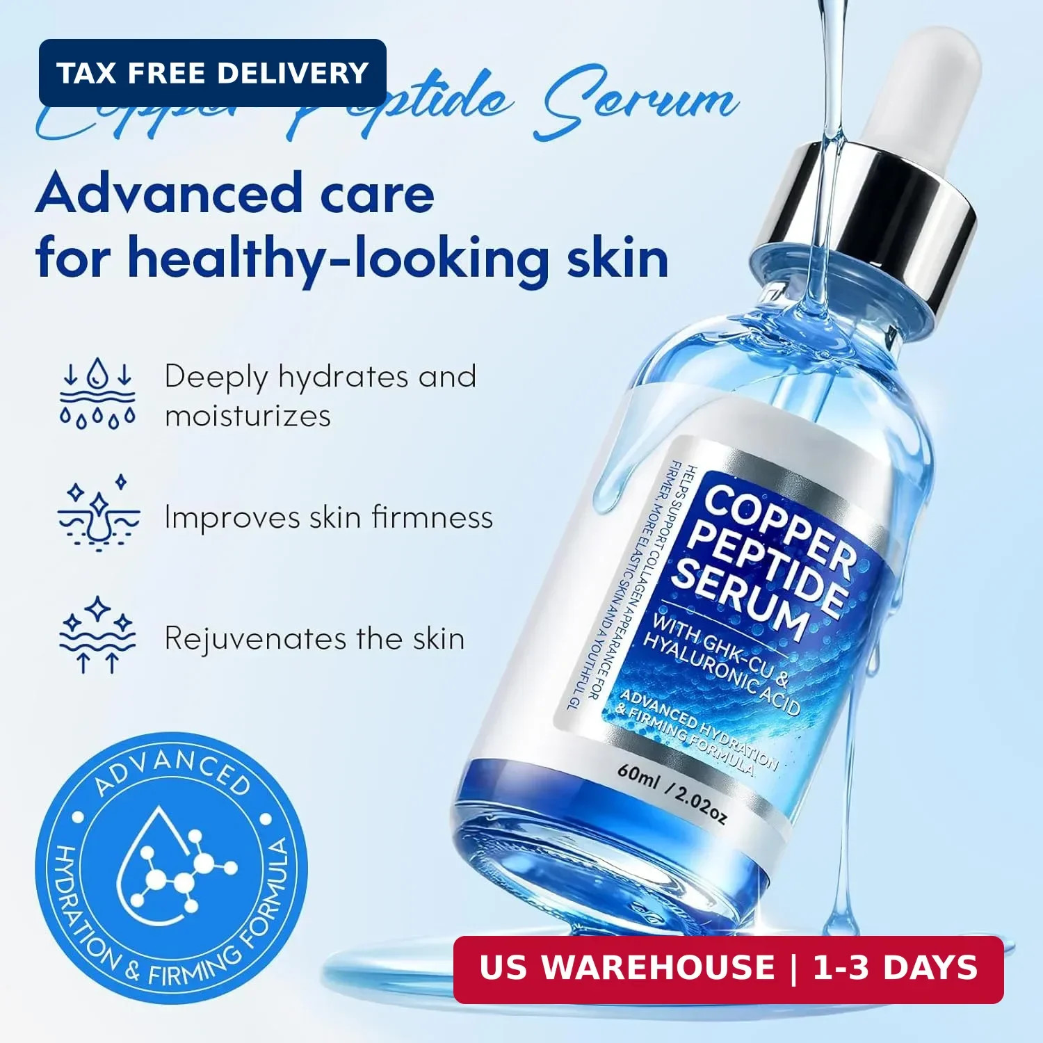 Copper Peptide Serum with Hyaluronic Acid, Lightweight Hydrating Face Serum for